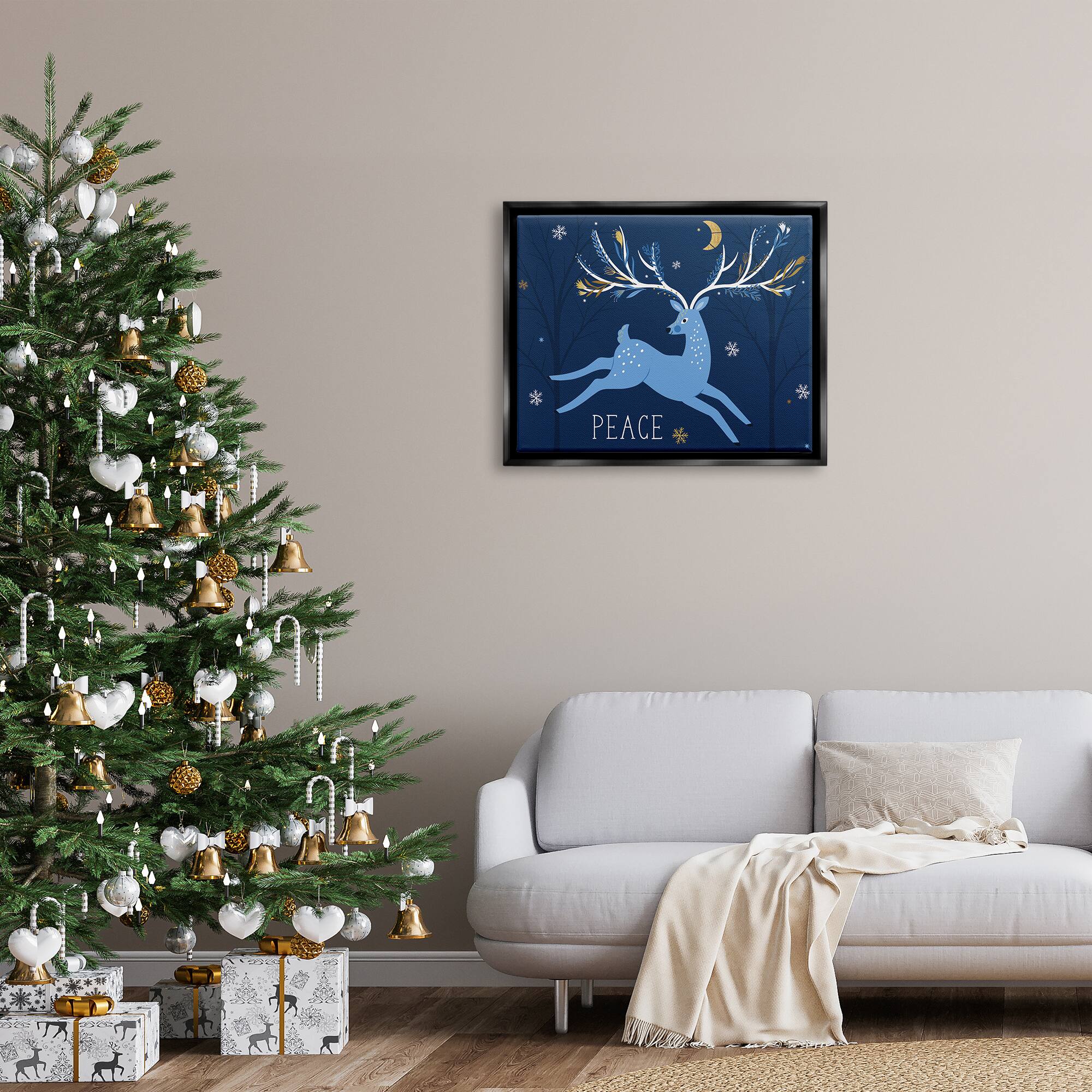 Stupell Industries Peace Jumping Deer Snowflakes Framed Floater Canvas Wall Art