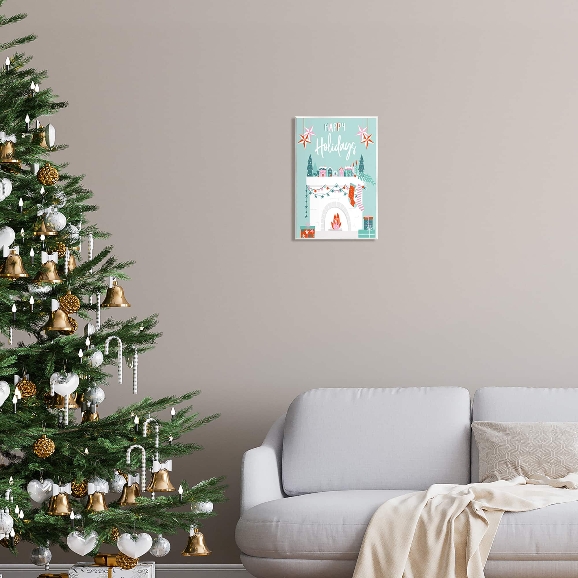Stupell Industries Happy Holidays Festive Mantel Stockings Wall Plaque Art