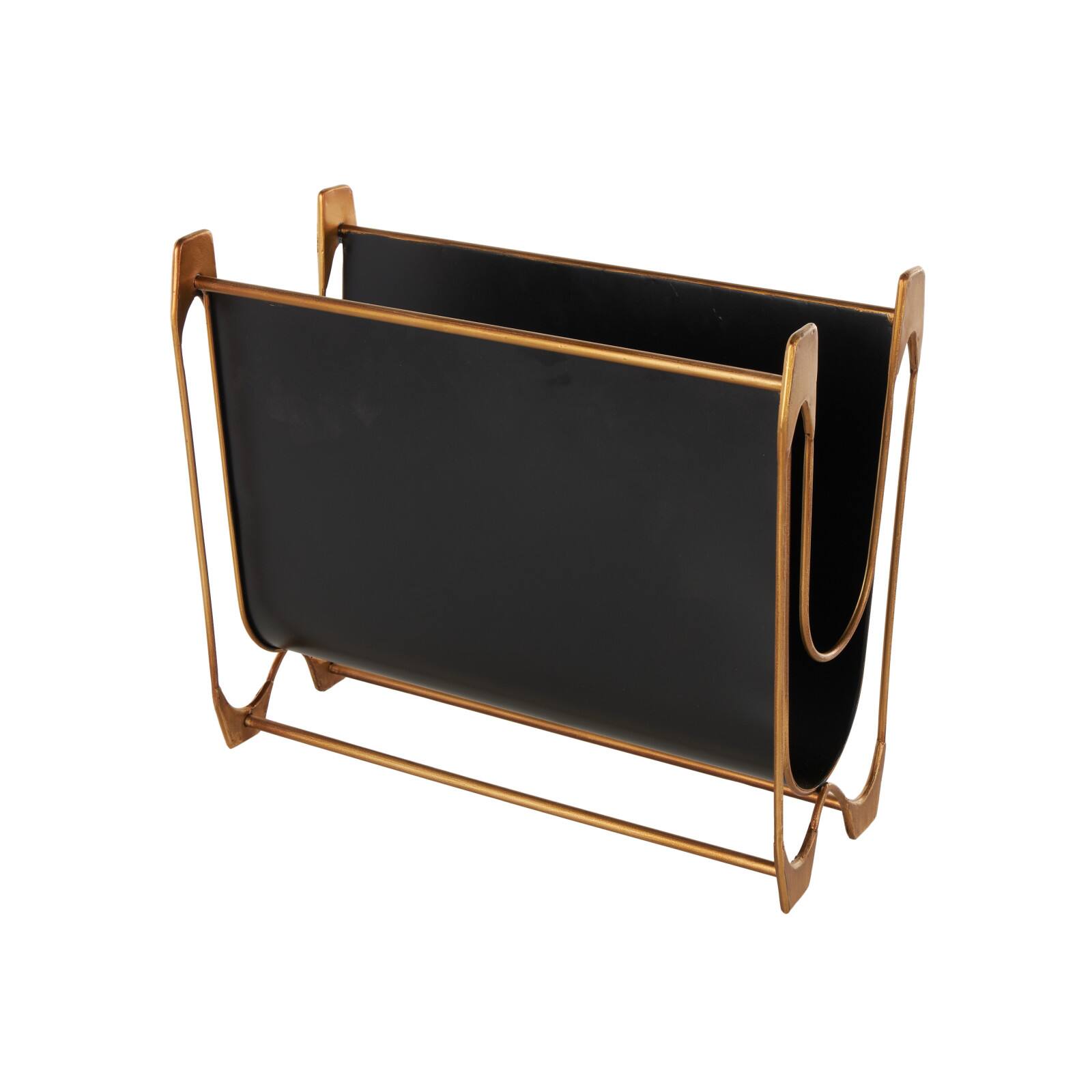 15" Black Metal Curved Magazine Holder with Brass Stand