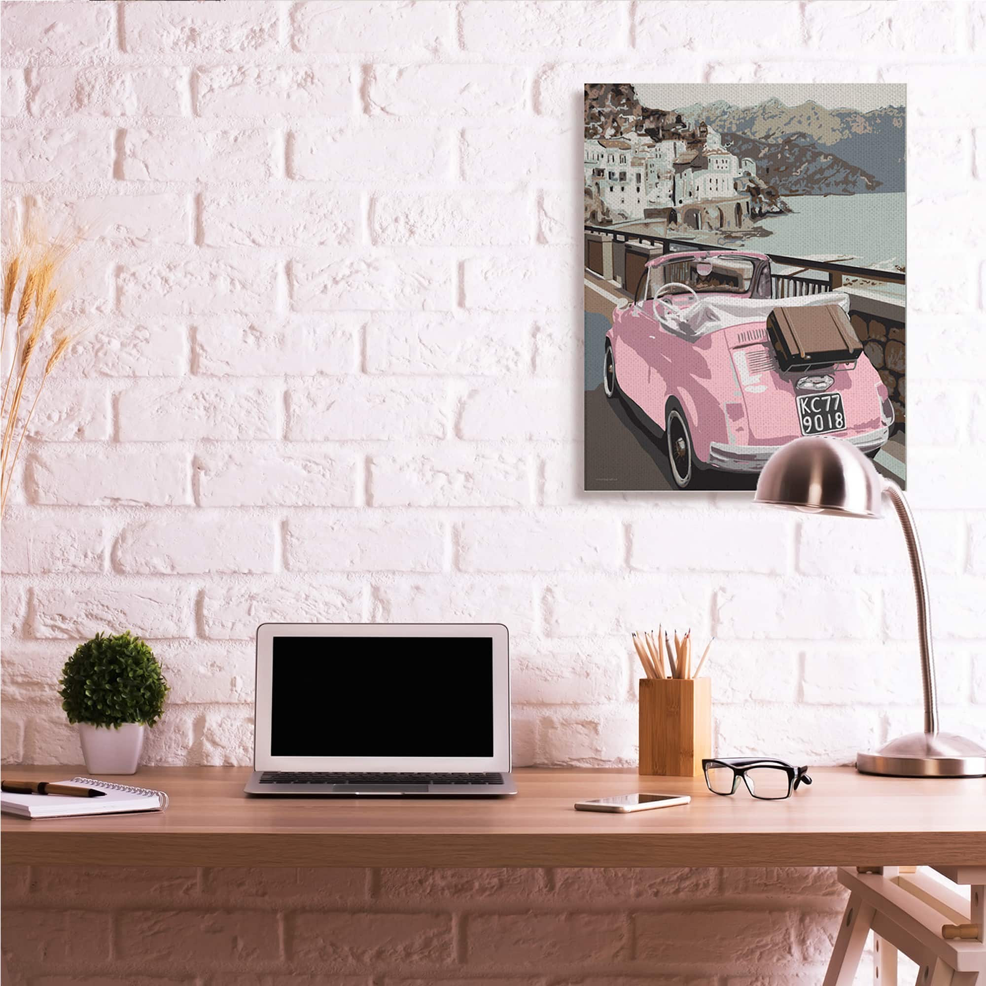Stupell Industries Pink Car Cliffside Town on Waterfront Road Canvas Wall Art