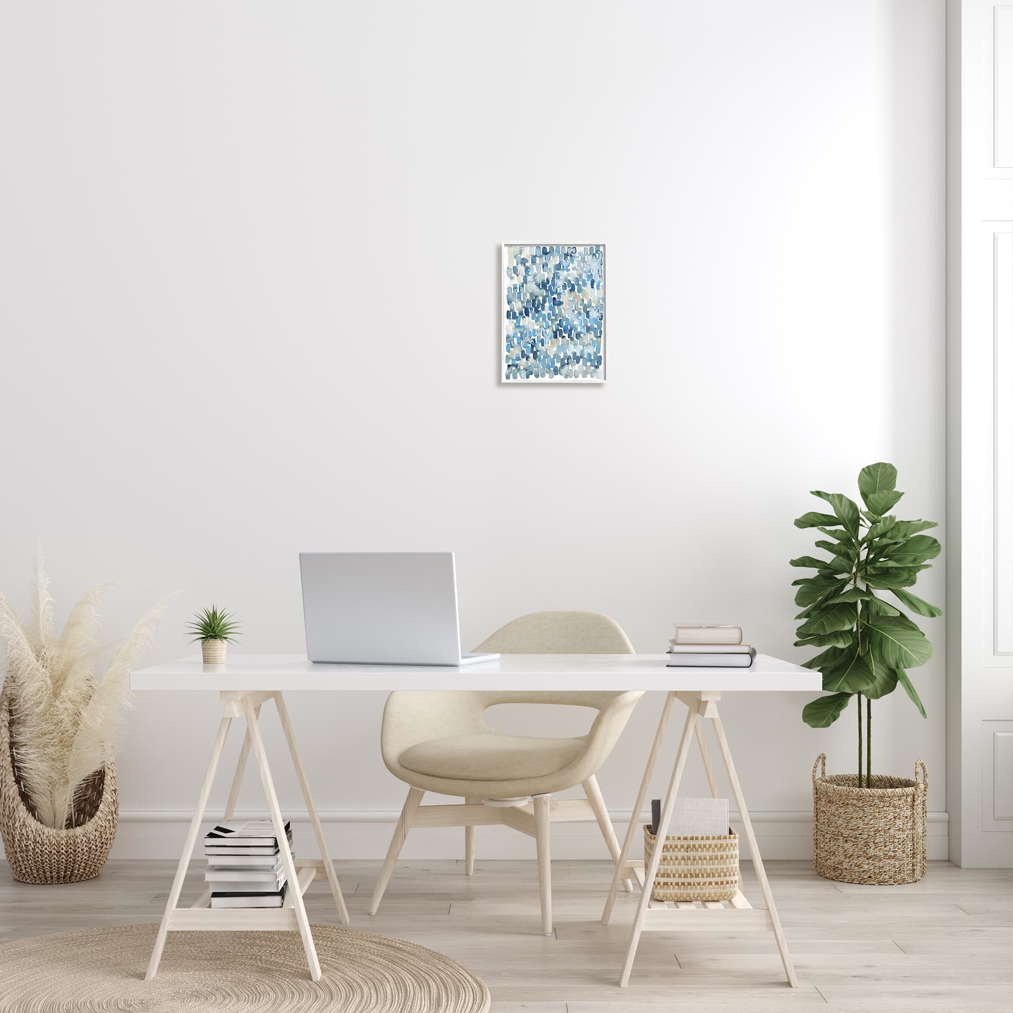 Stupell Industries Coastal Tile Abstract Soft Blue Beige Shapes in White Frame Wall Art