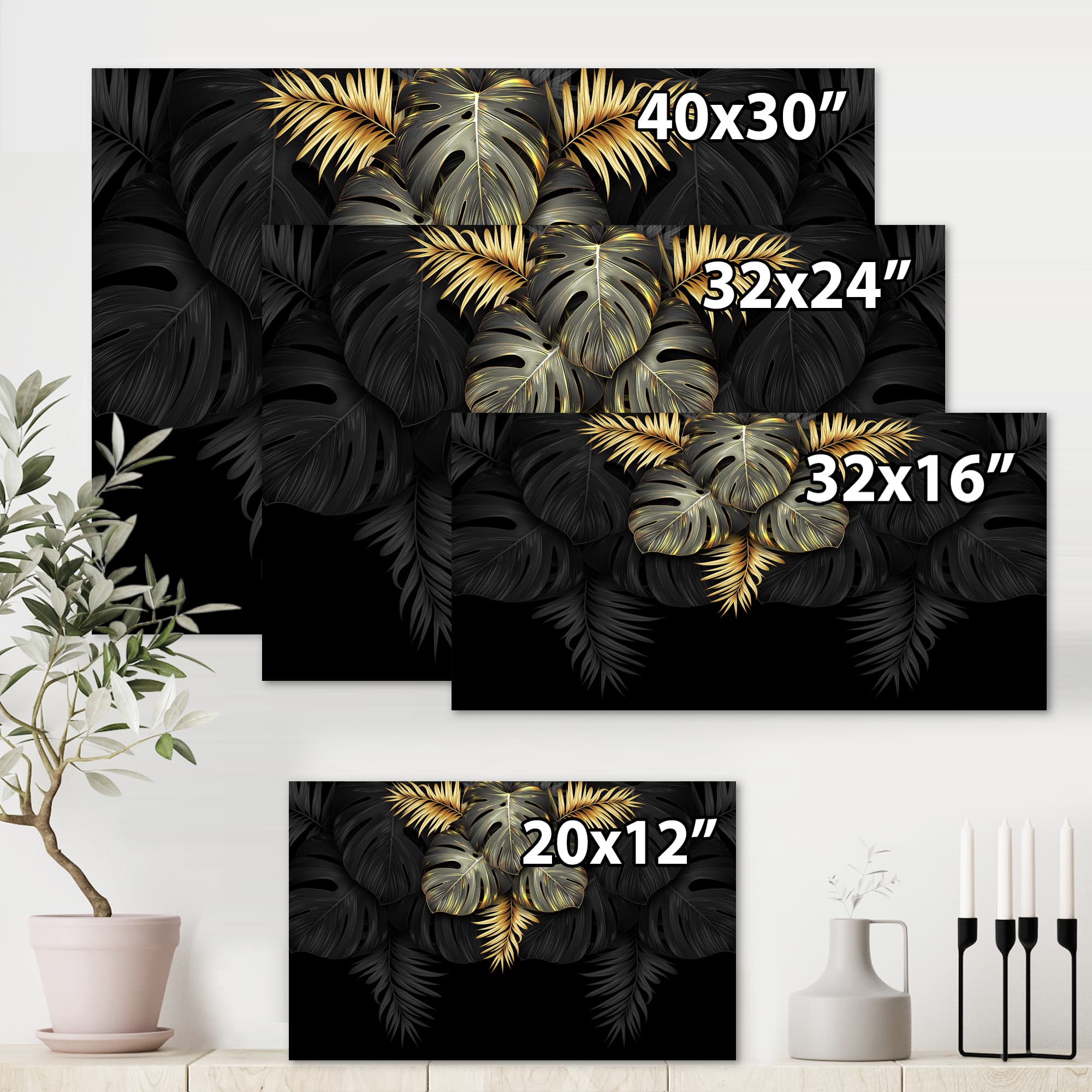 Designart - Black and Gold Tropical Leaves IV - Modern Canvas Wall Art Print
