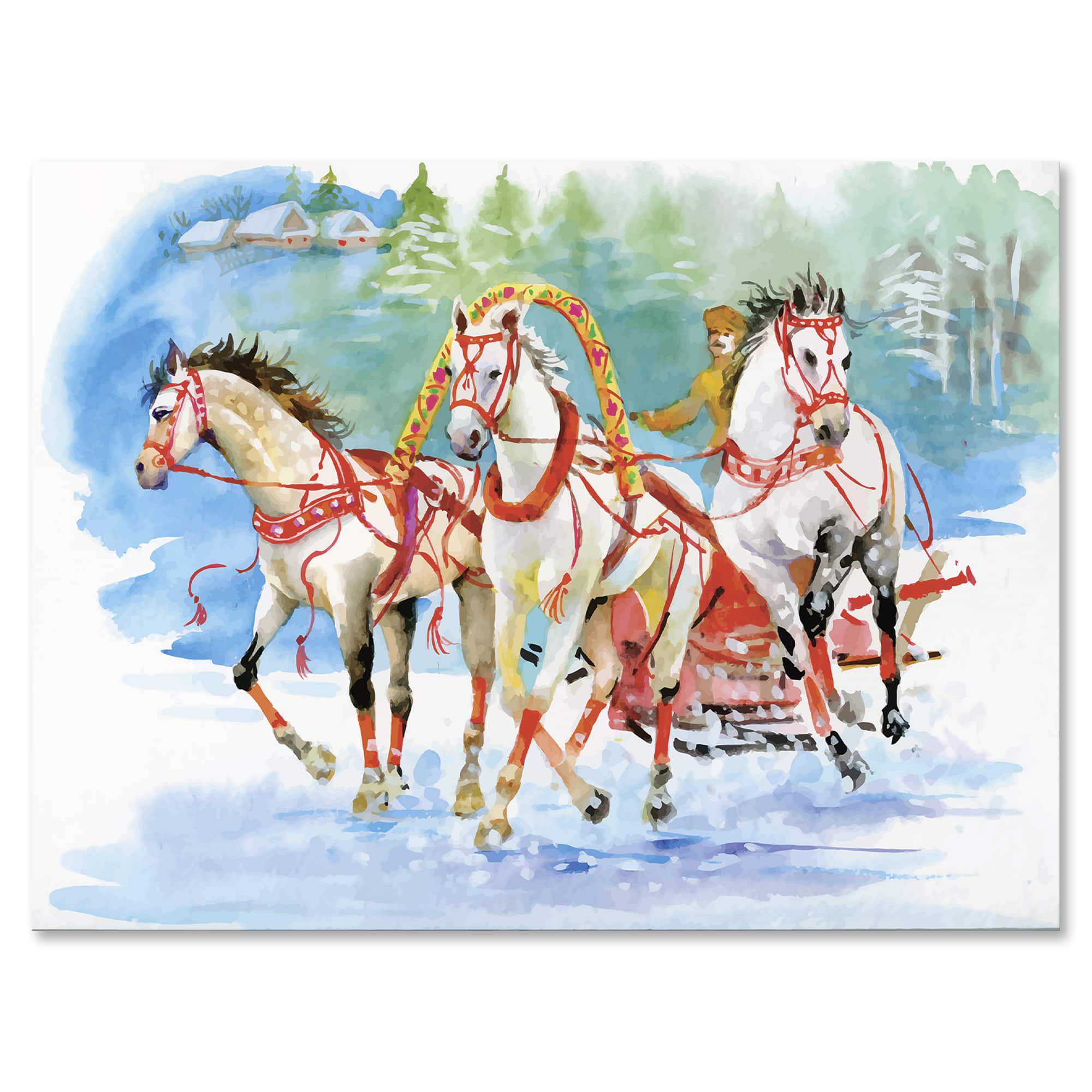 Designart - Galoping Horses With Carriage In The Snow - Farmhouse Canvas Wall Art Print