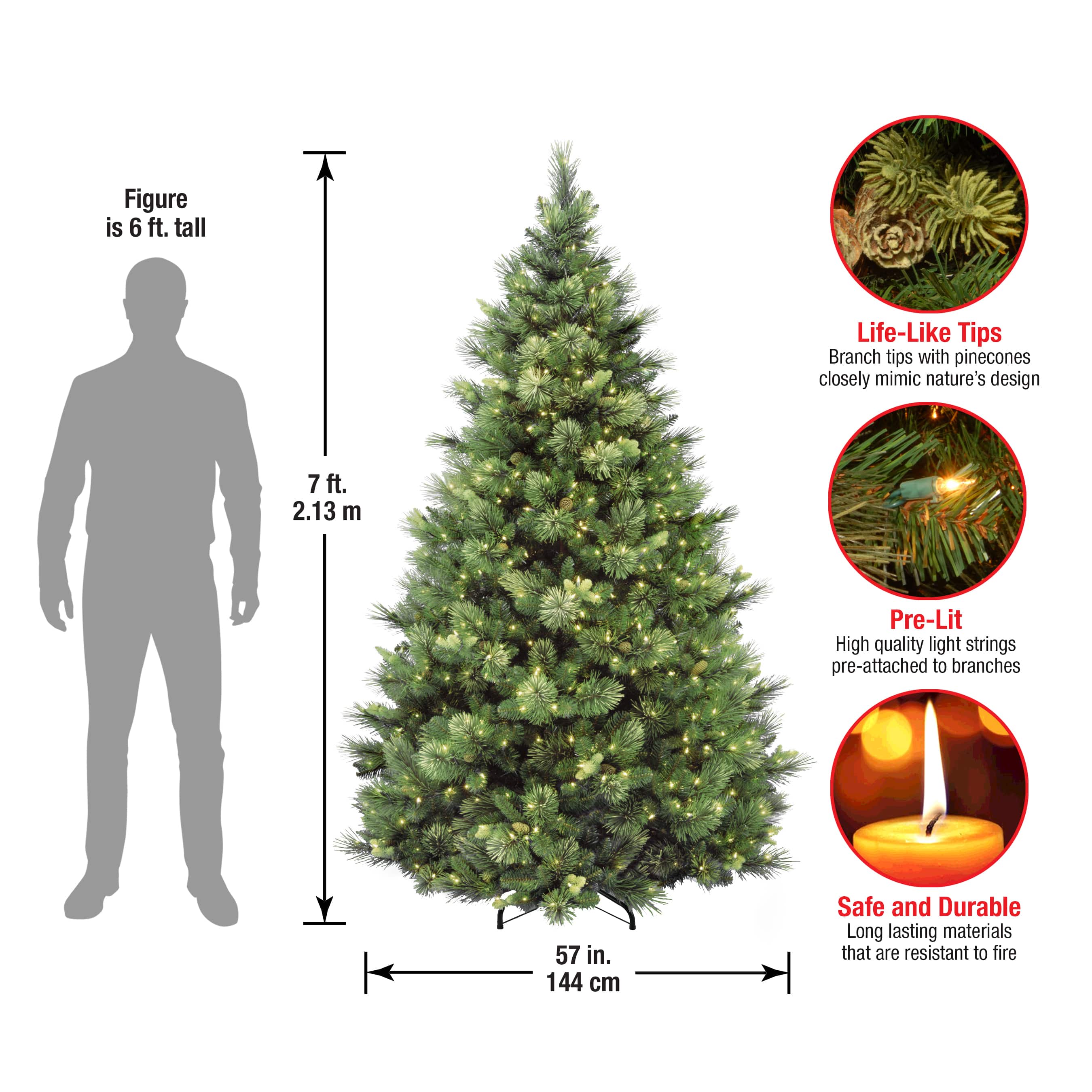 7 ft. Pre-Lit Carolina Pine Hinged Medium Artificial Christmas Tree, Clear Lights