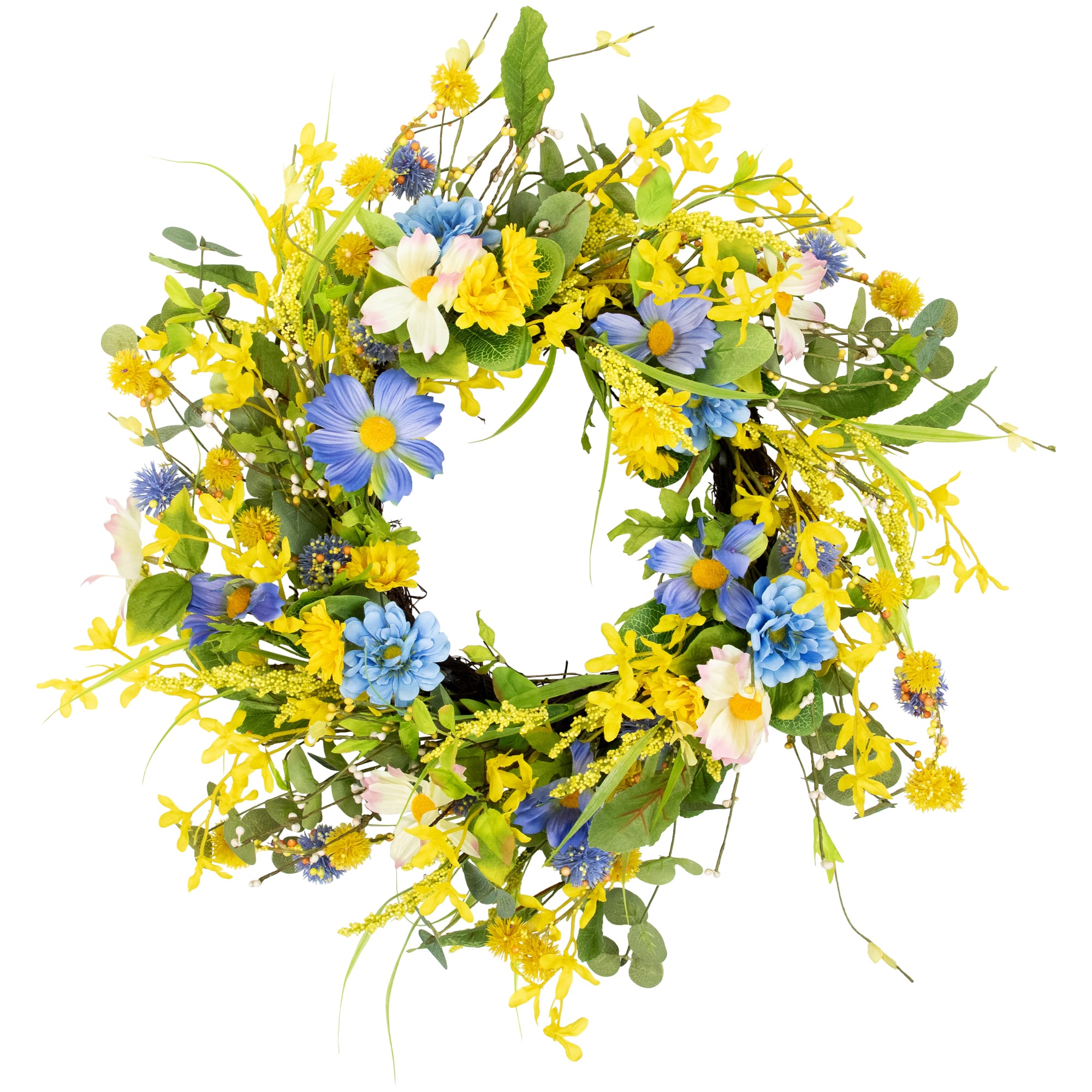 24" Yellow & Blue Daisy & Cosmos Floral Spring Wreath