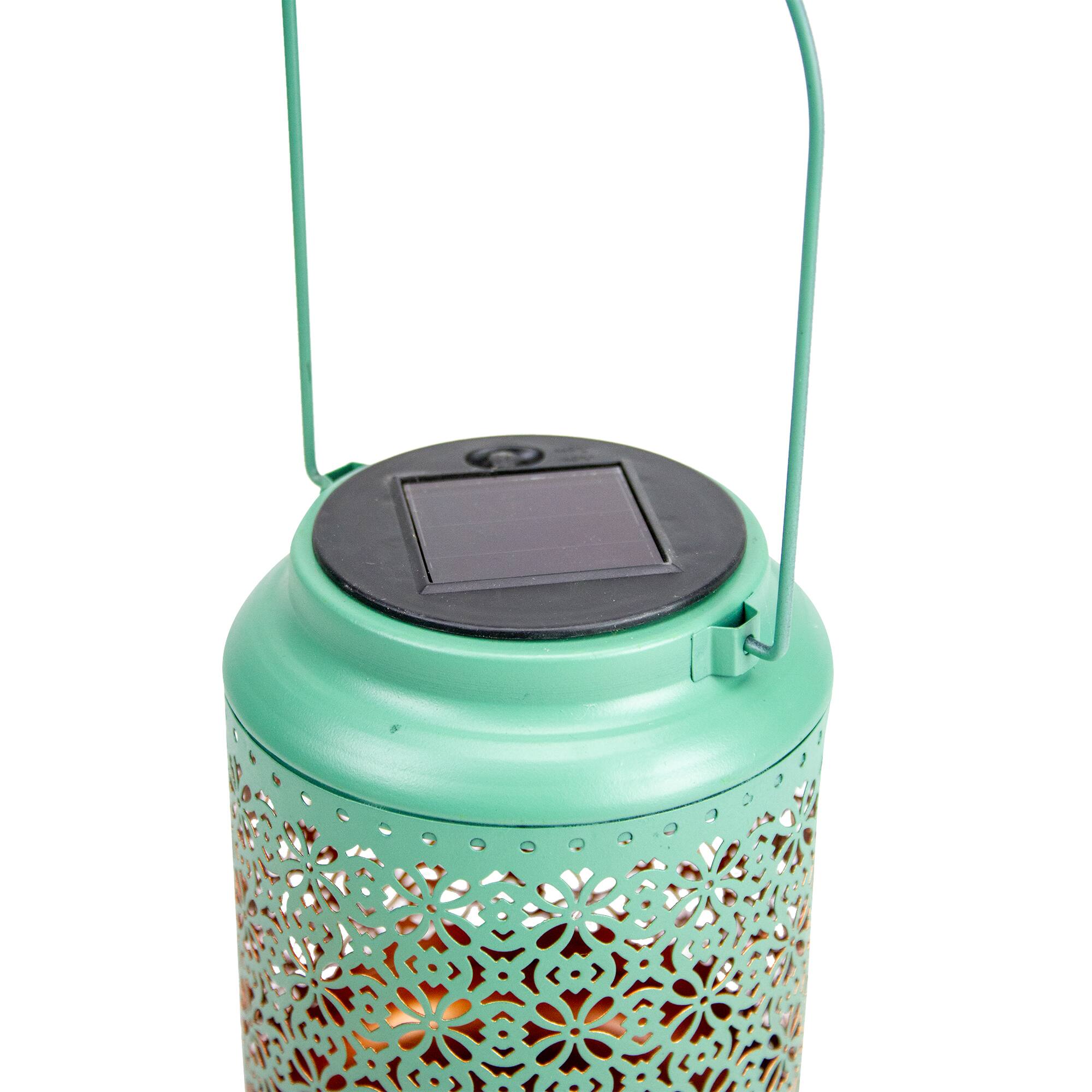 7" Green Integrated Floral Pattern Outdoor Solar Lantern with Handle