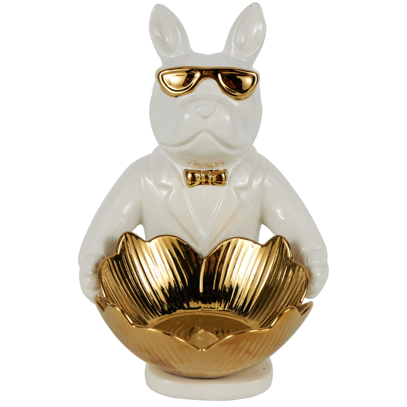 8" White Ceramic Bulldog Sculpture with Gold Accents