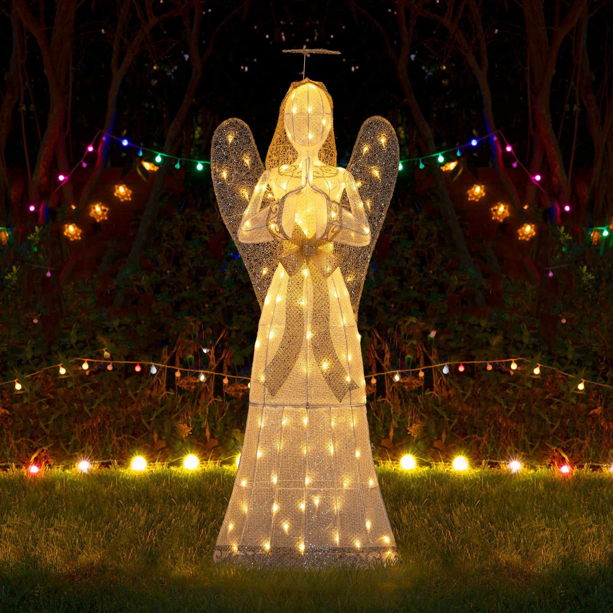 Glitzhome® 63" Christmas 3D Glittered Fabric Angel with 120 Warm White LED Lights