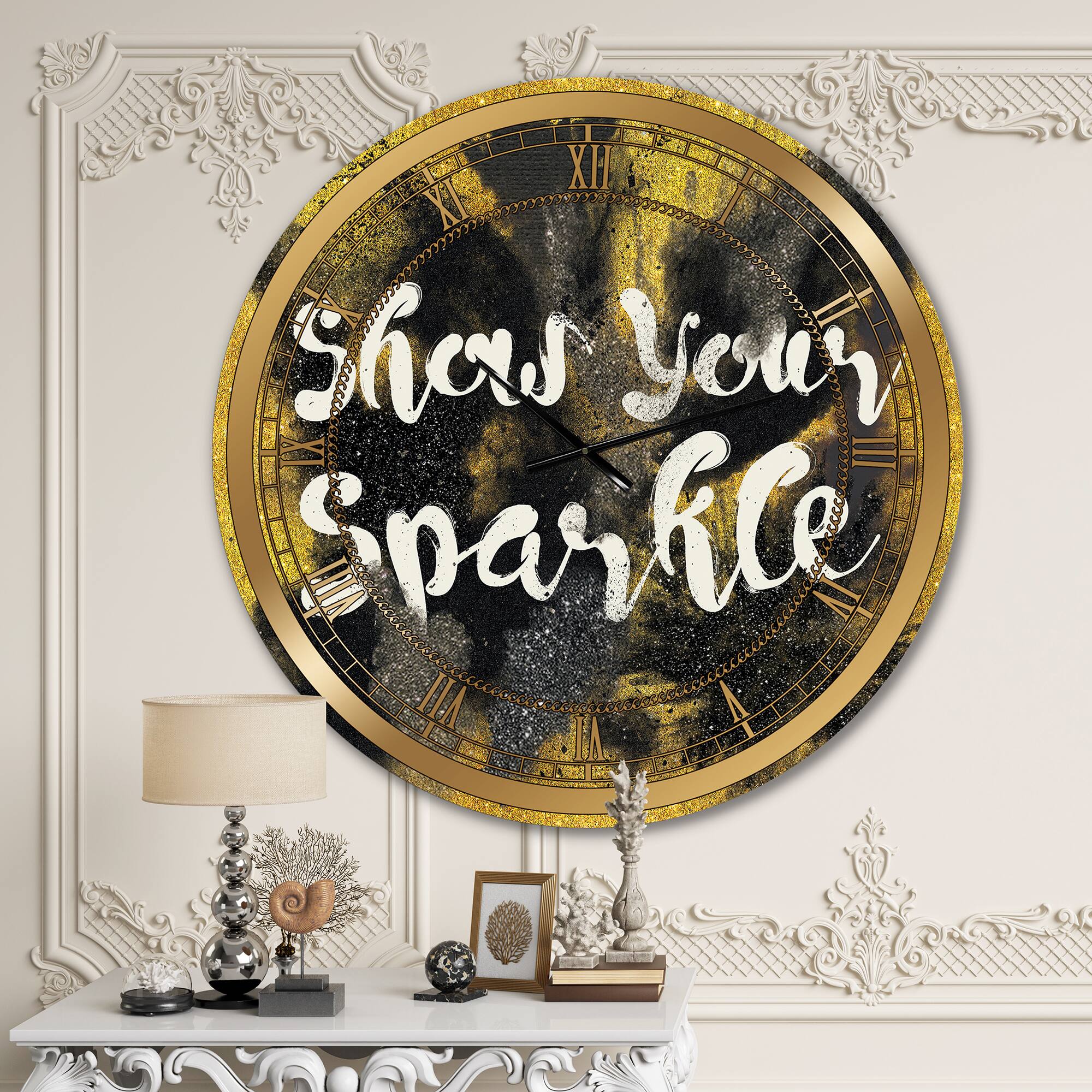 Designart 'Show Your Sparkle Quote Black On Gold Glam Wall Clock