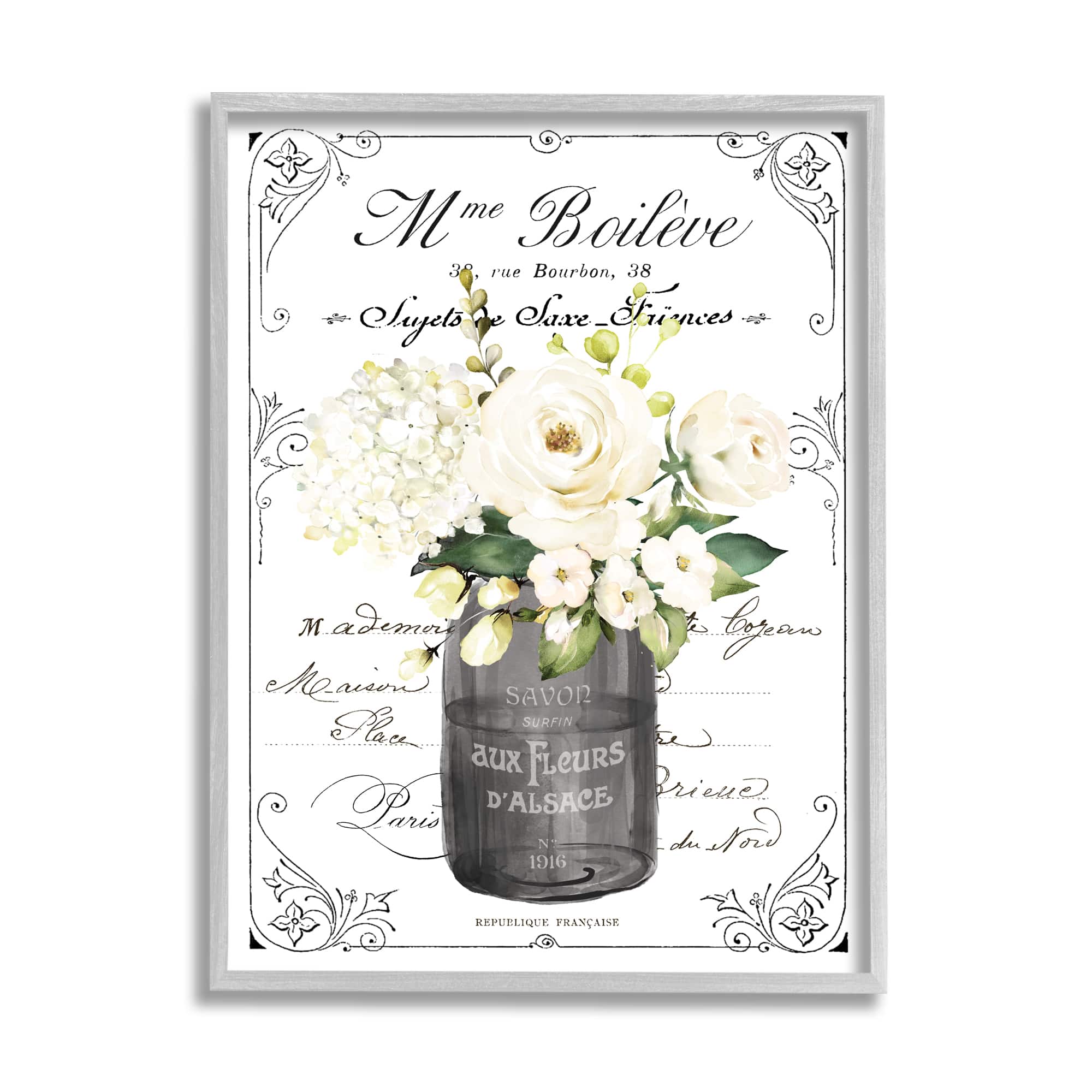 Stupell Industries Vintage Parisian Bathroom Floral Bouquet White Flowers Framed Wall Art