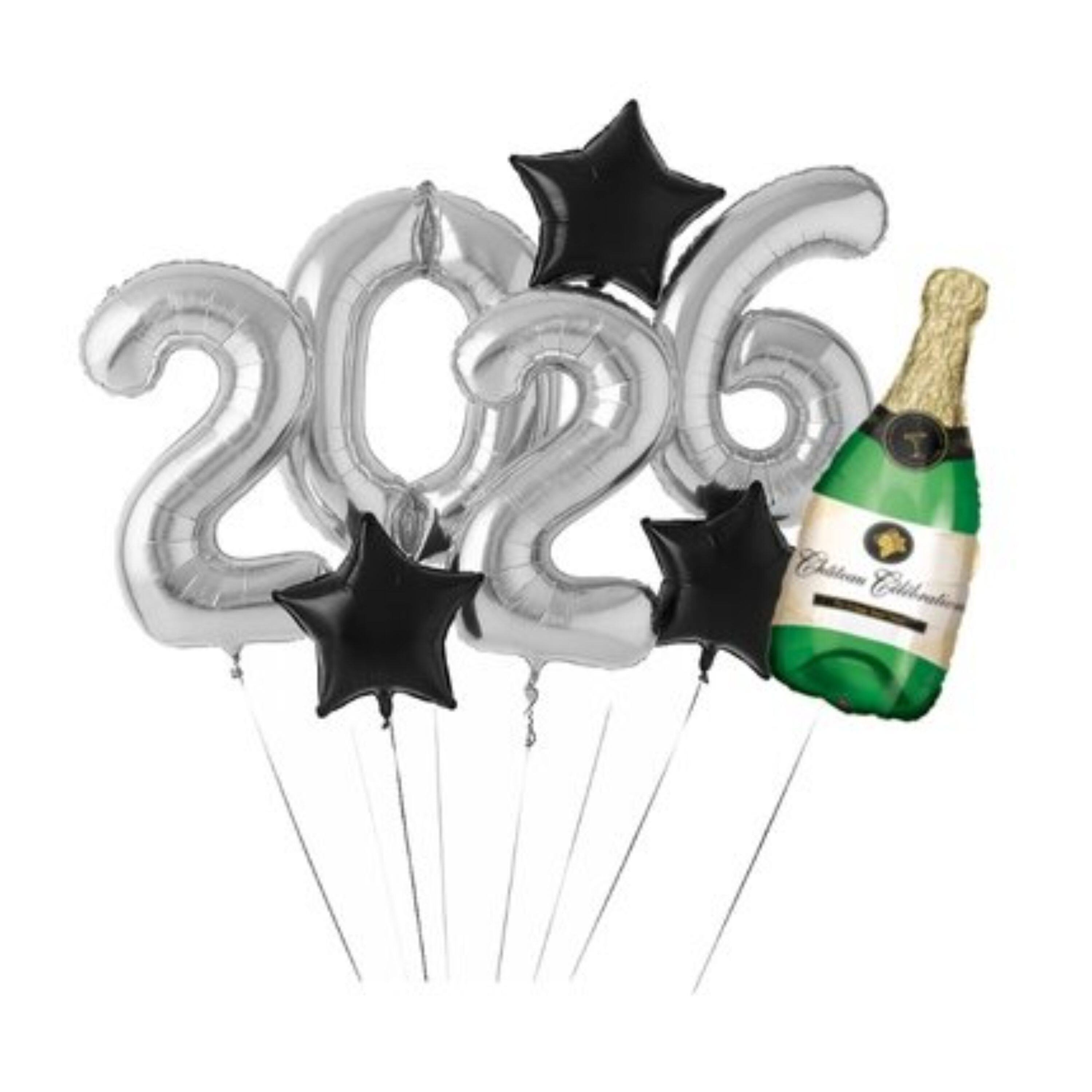 Silver Champagne Bottle New Year's 2026 Foil Balloon Bundle