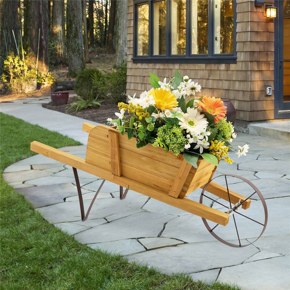 Costway Decorative Rustic Wood Wheelbarrow Planter Cart