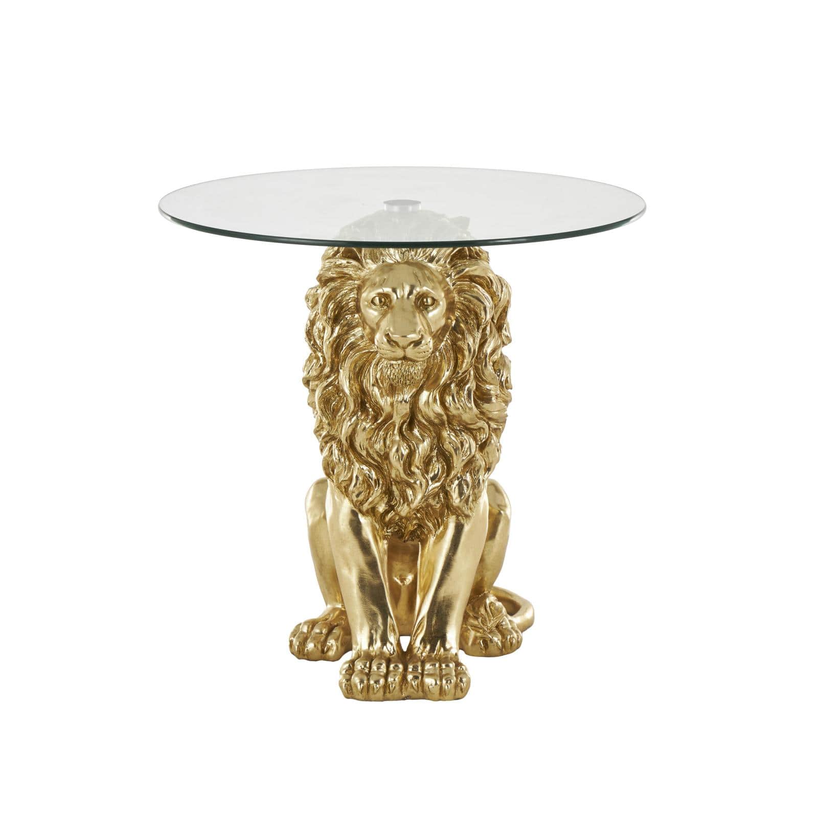 24" x 27" Gold Resin Lion Sitting Accent Table with Glass Tabletop