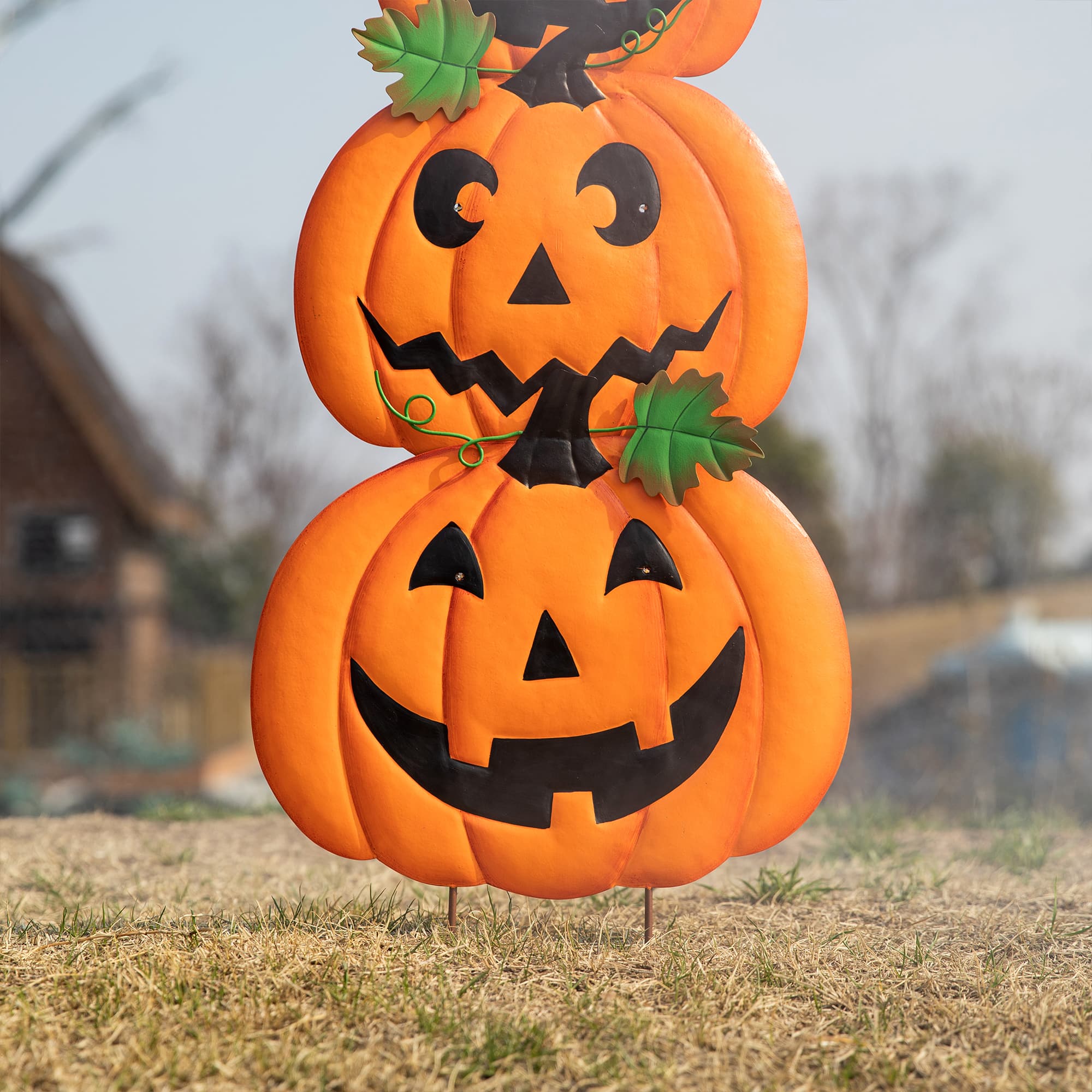 Glitzhome® 3.3ft. Halloween Lighted Metal Stacked Jack-O-Lantern Yard Stake Set with Timer