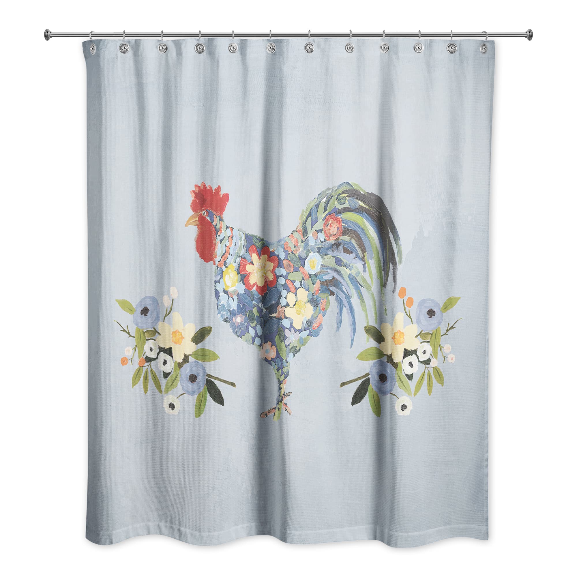 Floral Rooster Collage Blue 71" x 74" Shower Curtain