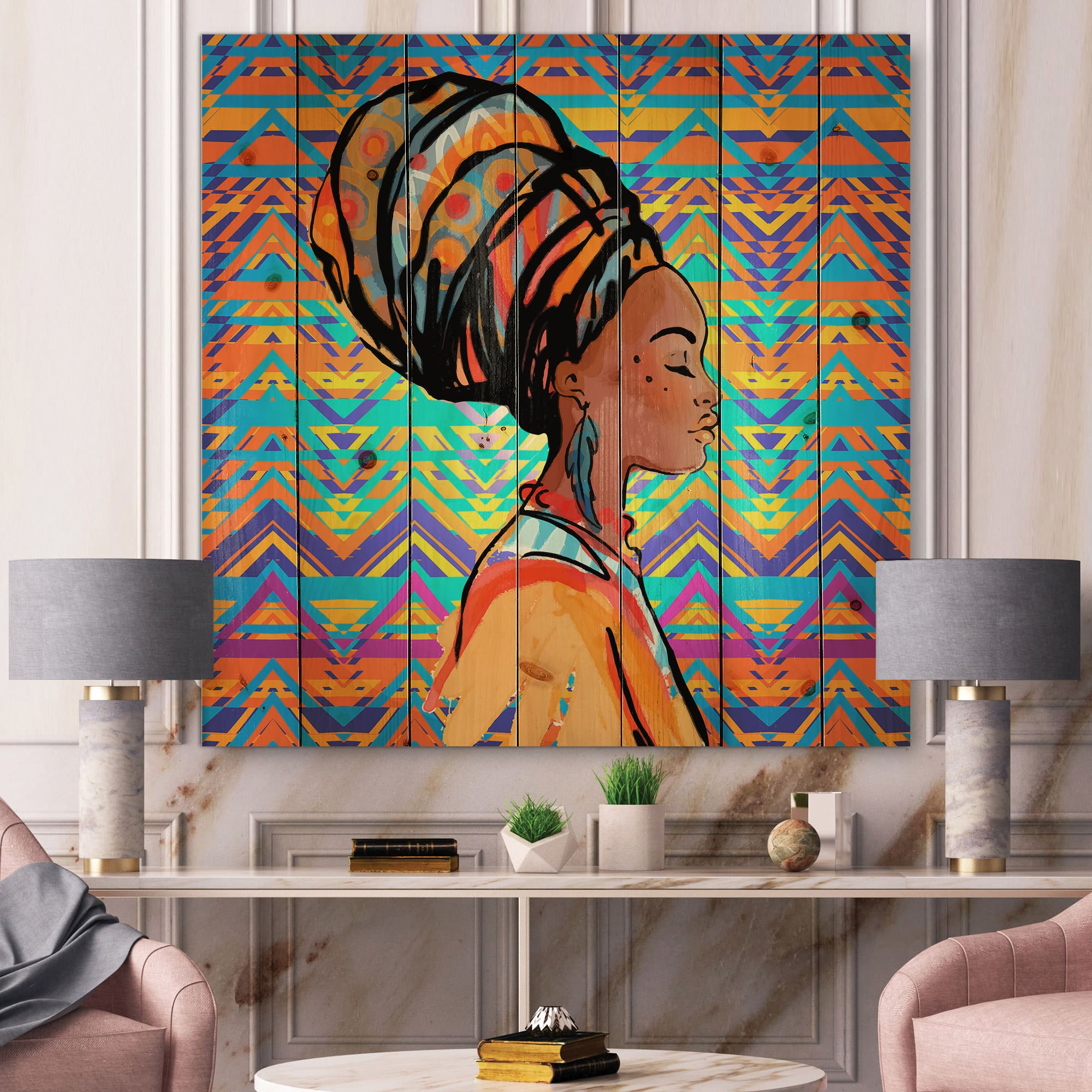 Designart - African American Woman with Turban IV - Modern Print on Natural Pine Wood