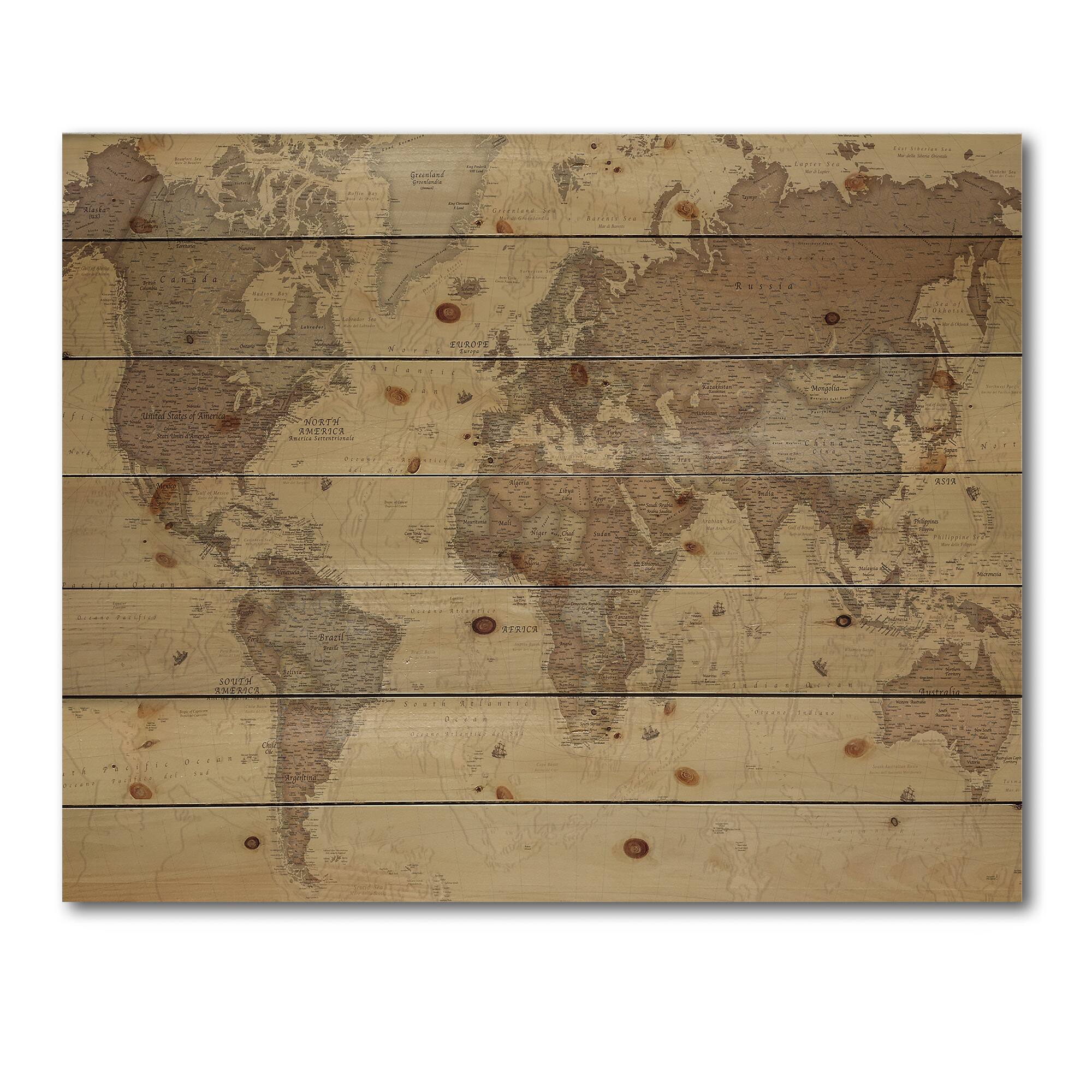 Designart - Ancient Map of The World III - Vintage Print on Natural Pine Wood