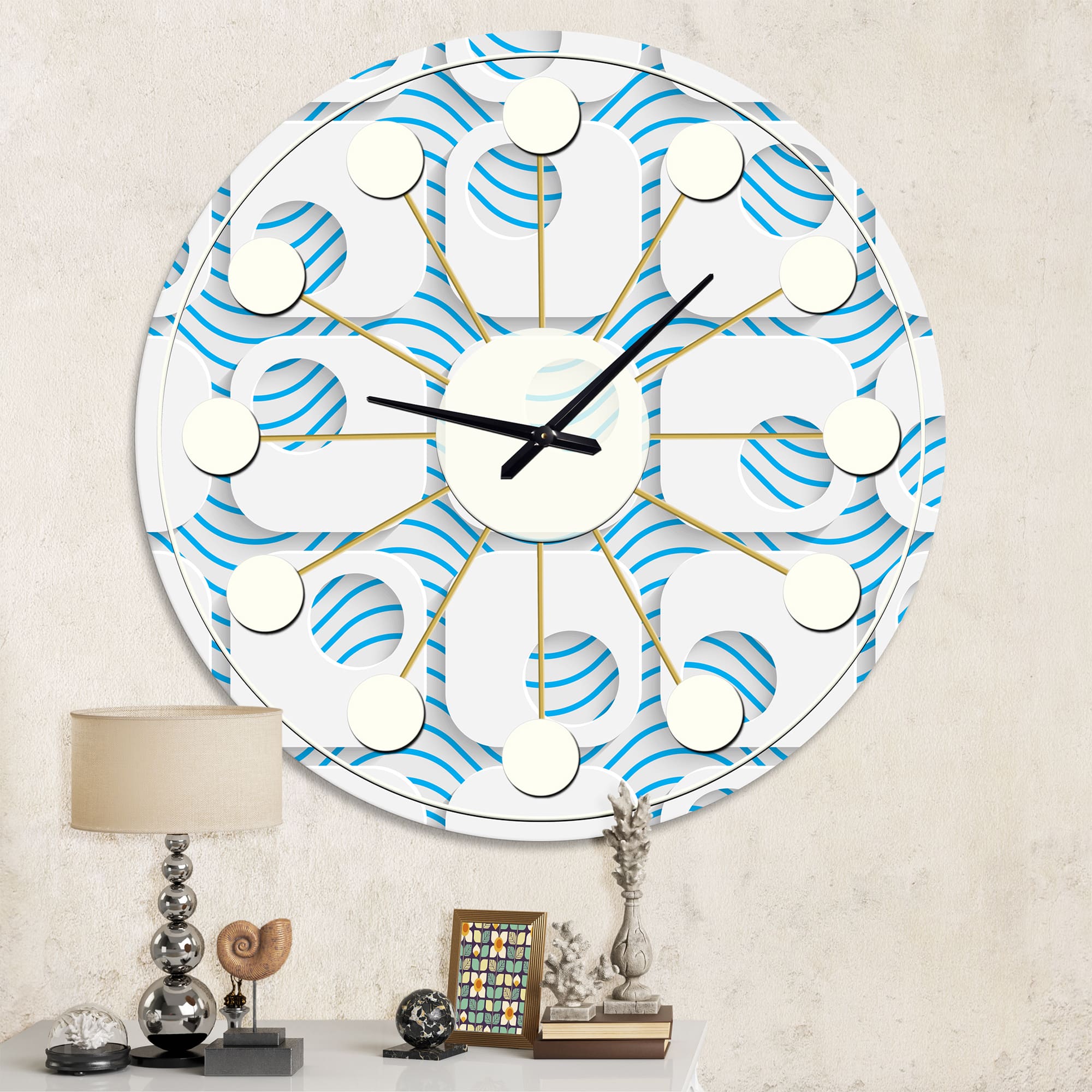 Designart '3D White And Blue Pattern Iii Mid-Century Modern Wall Clock