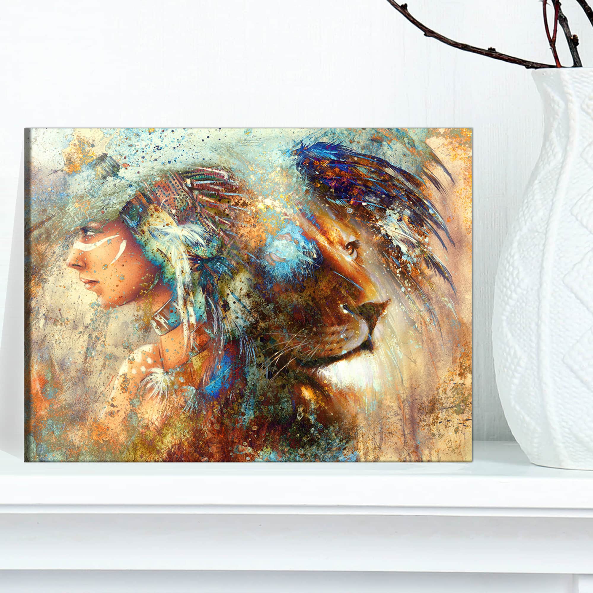Designart - Indian Woman Collage with Lion - Indian Canvas Artwork
