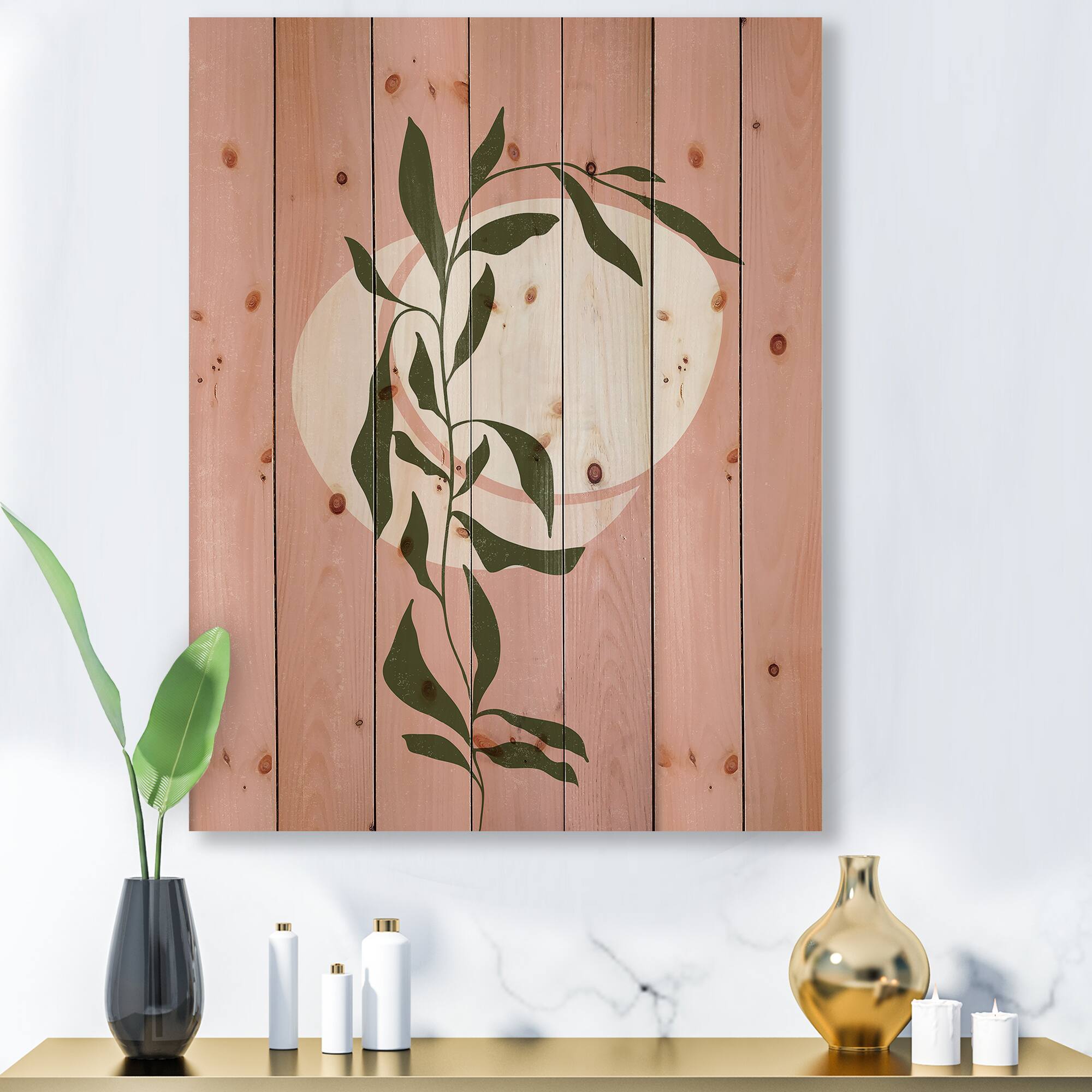 Designart - Abstract Geometrical Sun and Moon With Leaf VI - Modern Print on Natural Pine Wood