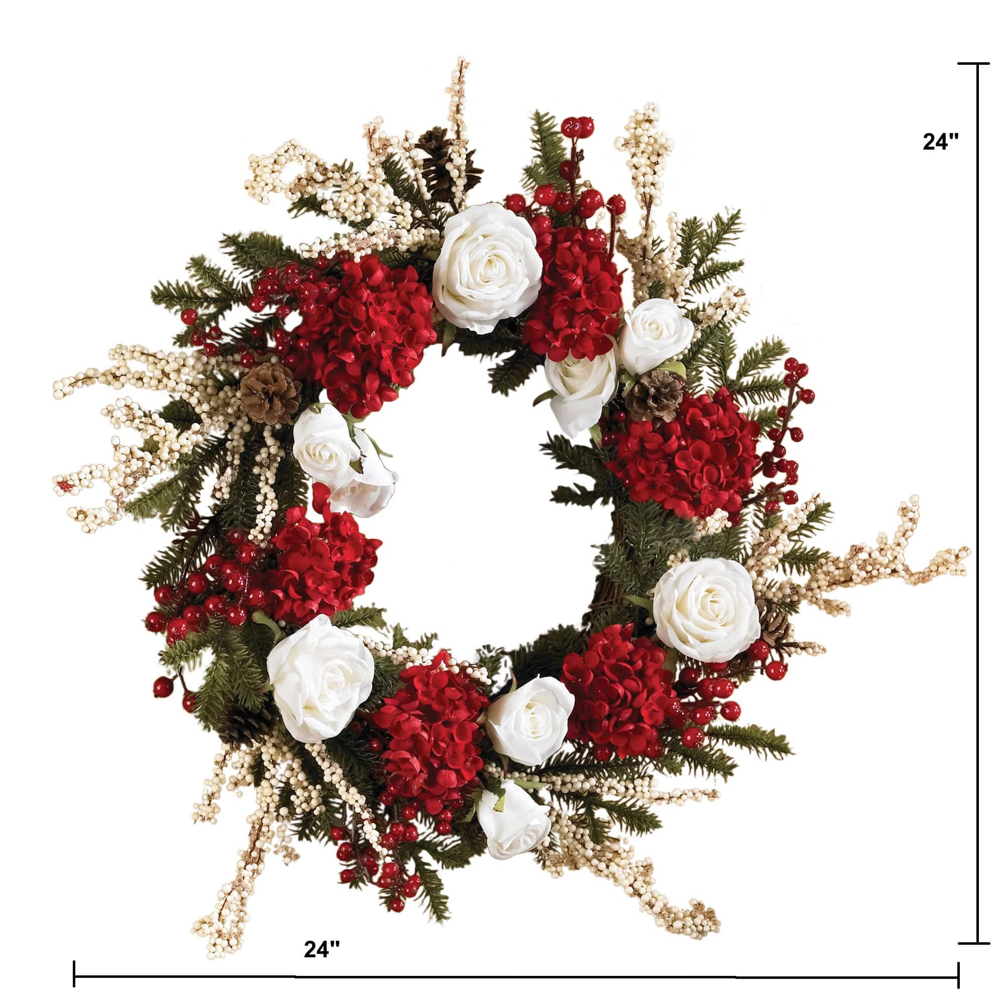 24" Red Hydrangea with White Roses Wreath