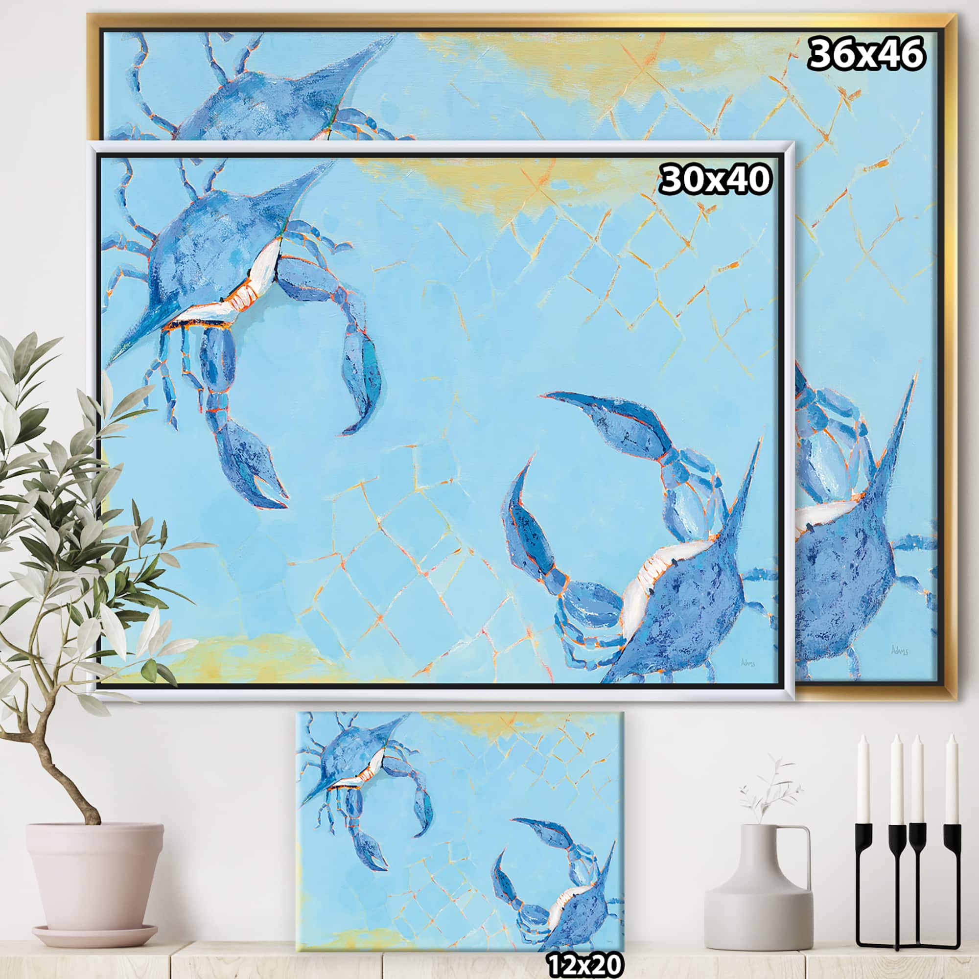 Designart - Blue Coastal crab Battle - Nautical & Coastal Canvas in Gold Frame