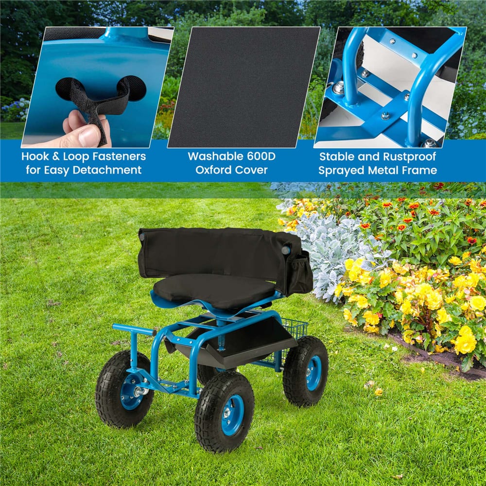 Costway Rolling Garden Cart Work Seat with Adjustable Height, Tool Tray & Storage Basket