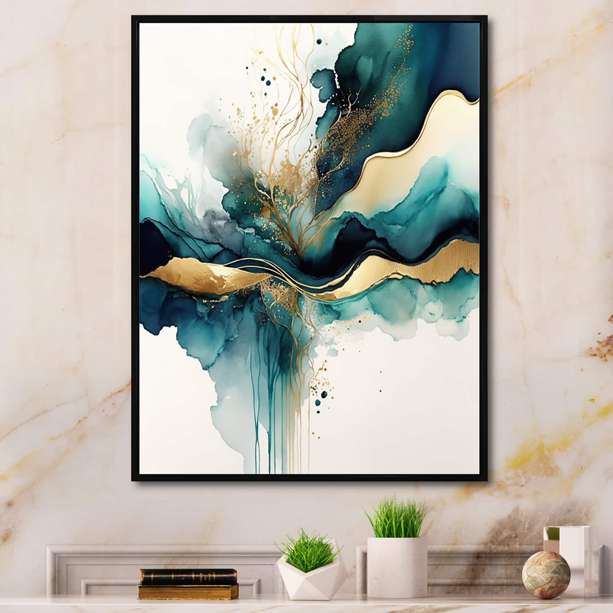 Designart 'Teal And Gold Abstract Expression III' Modern Framed Canvas Wall Art
