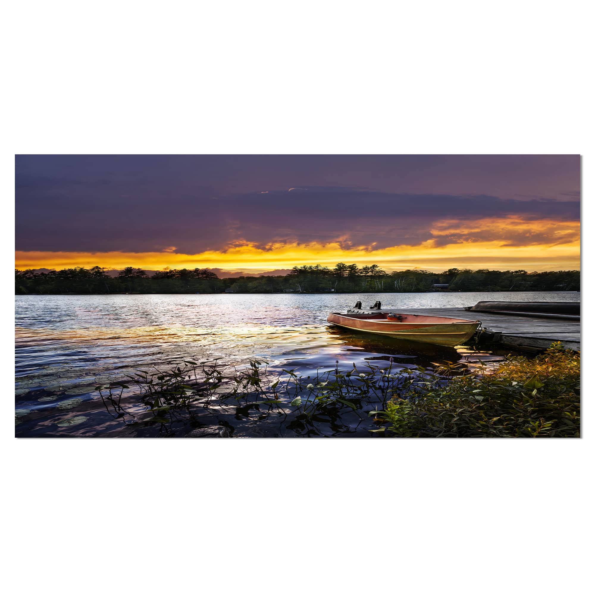 Designart - Boat Docked in Lake at Sunset - Modern Seashore Canvas Art