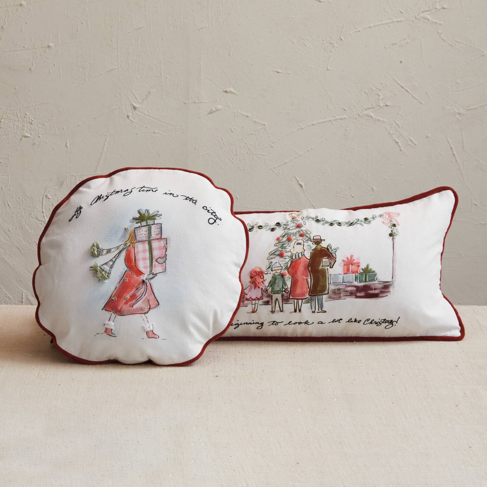 Hello Honey® 16" Round Printed Cotton Pillow with Holiday Girl, Piping & Velvet Back