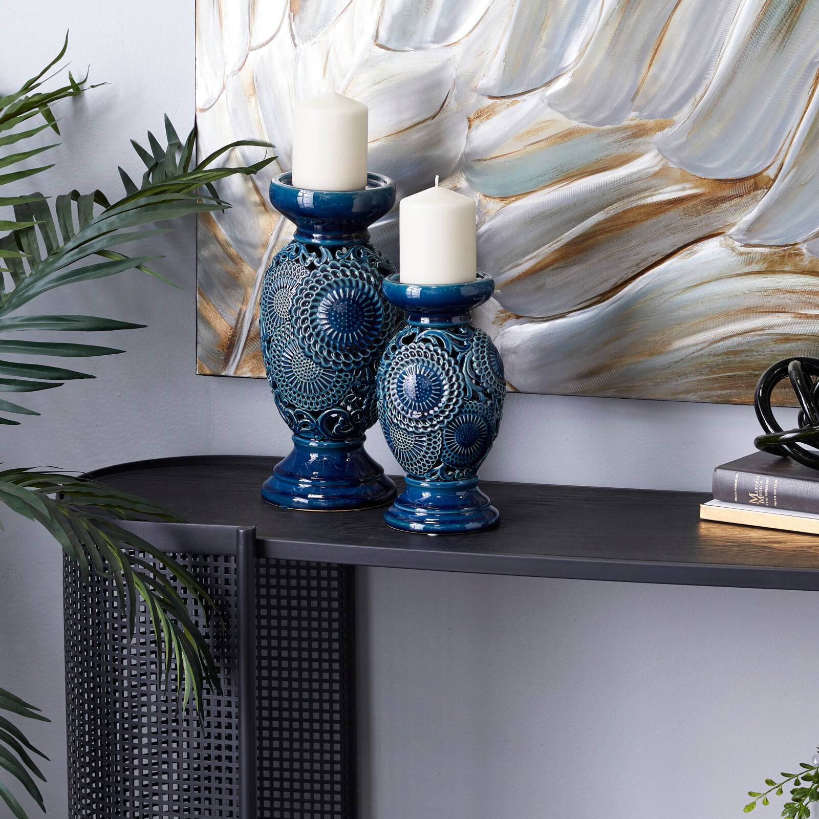 Blue Ceramic Eclectic Candle Holder Set