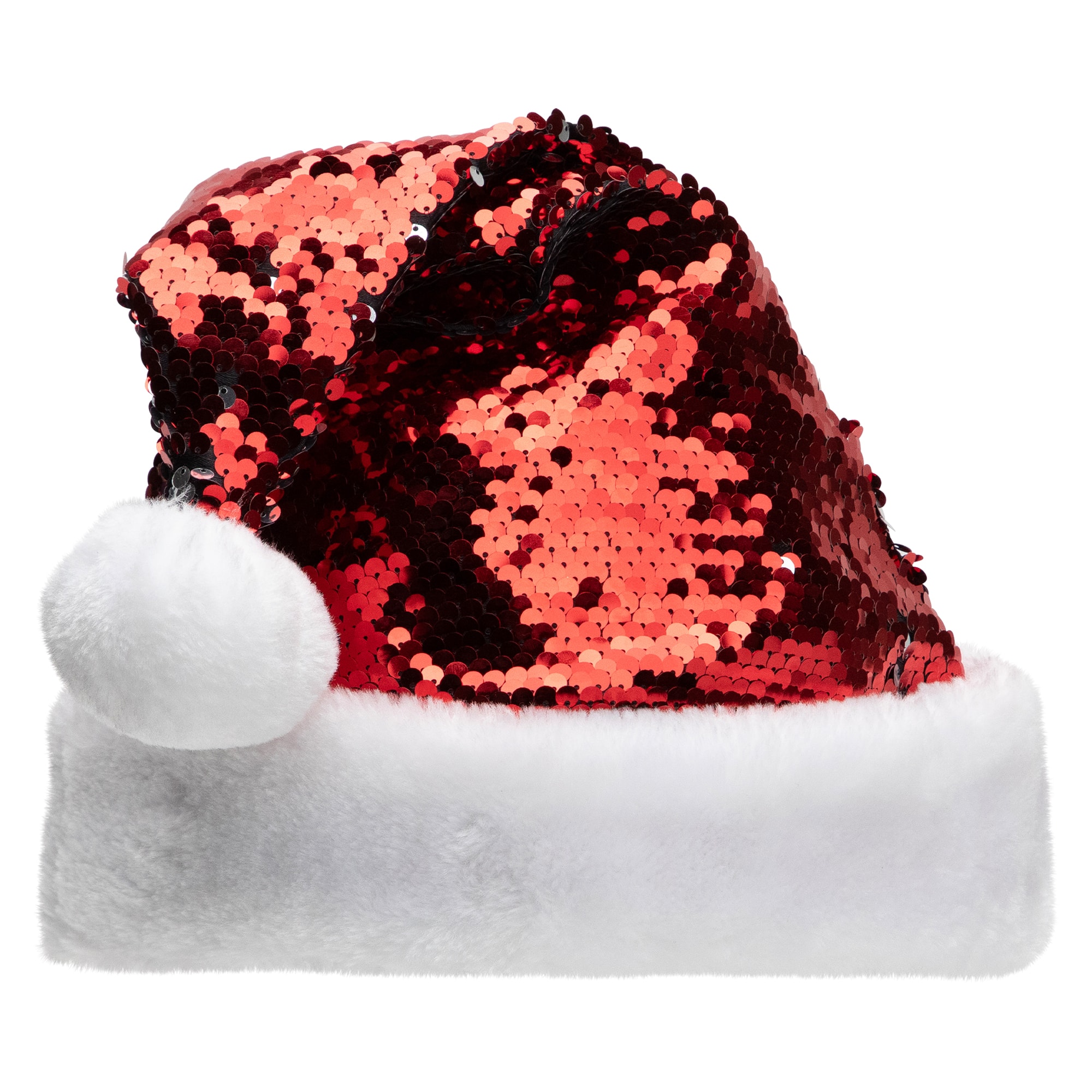 15" Red & Silver Reversible Sequined with Faux Fur Cuff Santa Hat