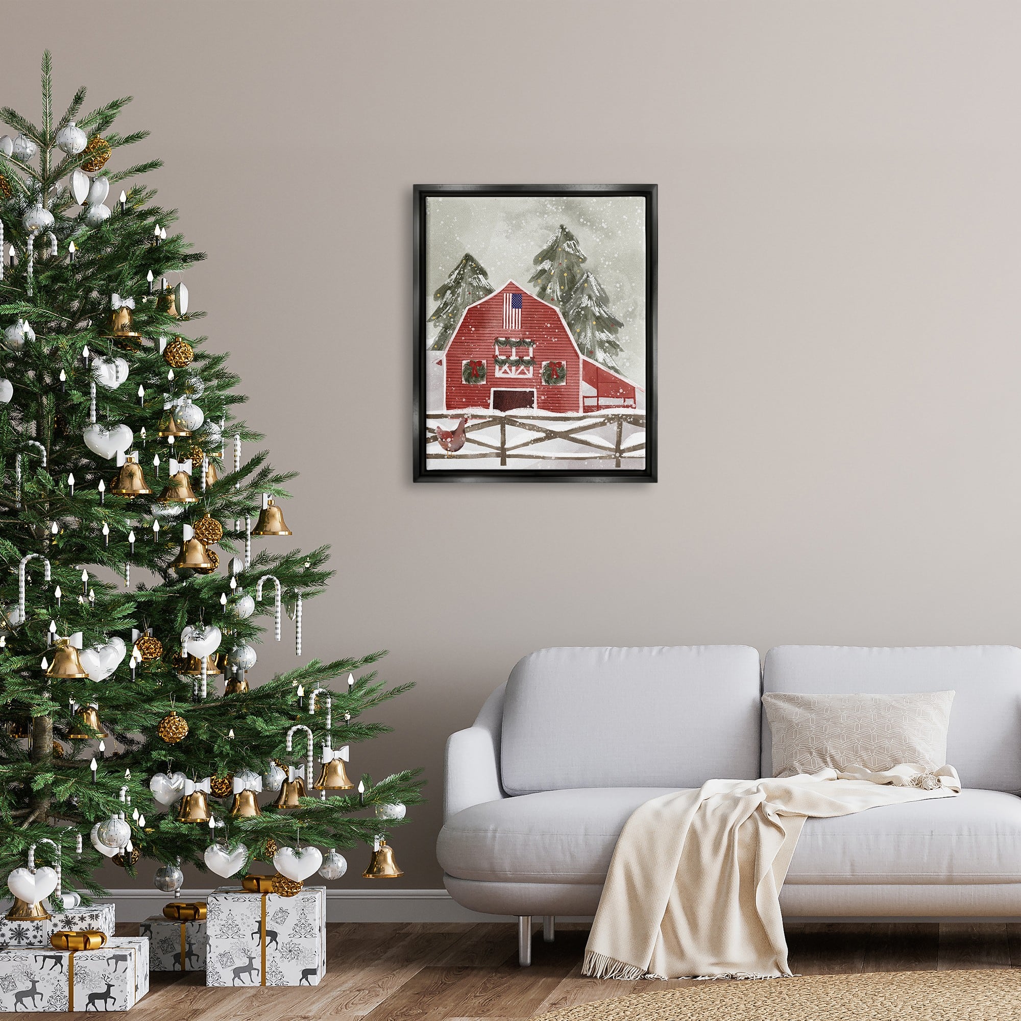Stupell Industries Snowy Country Barn American Flag Framed Floater Canvas Wall Art