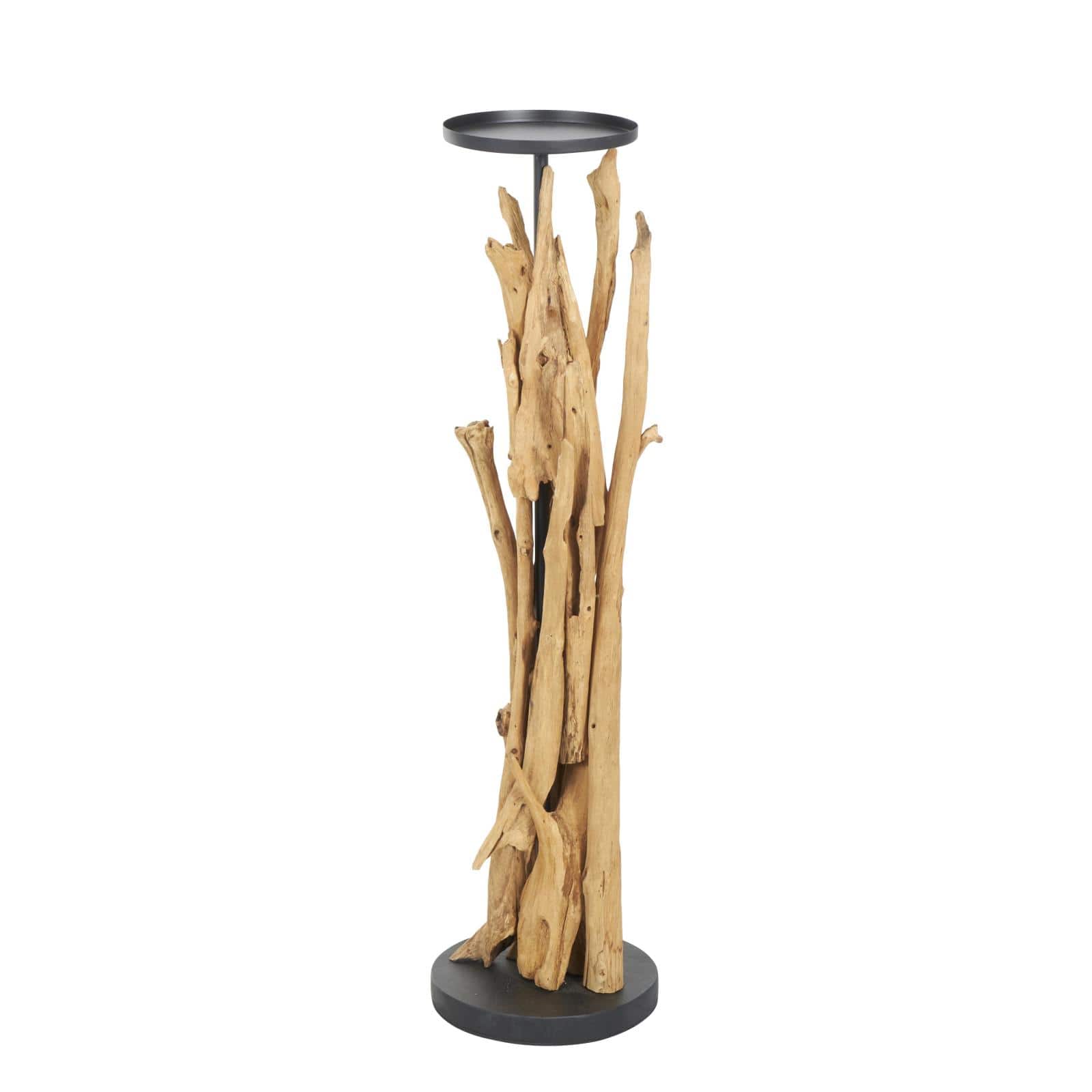 39" Brown Teak Wood Handmade Tall Tree Branch Floor Candle Holder with Black Metal Accents