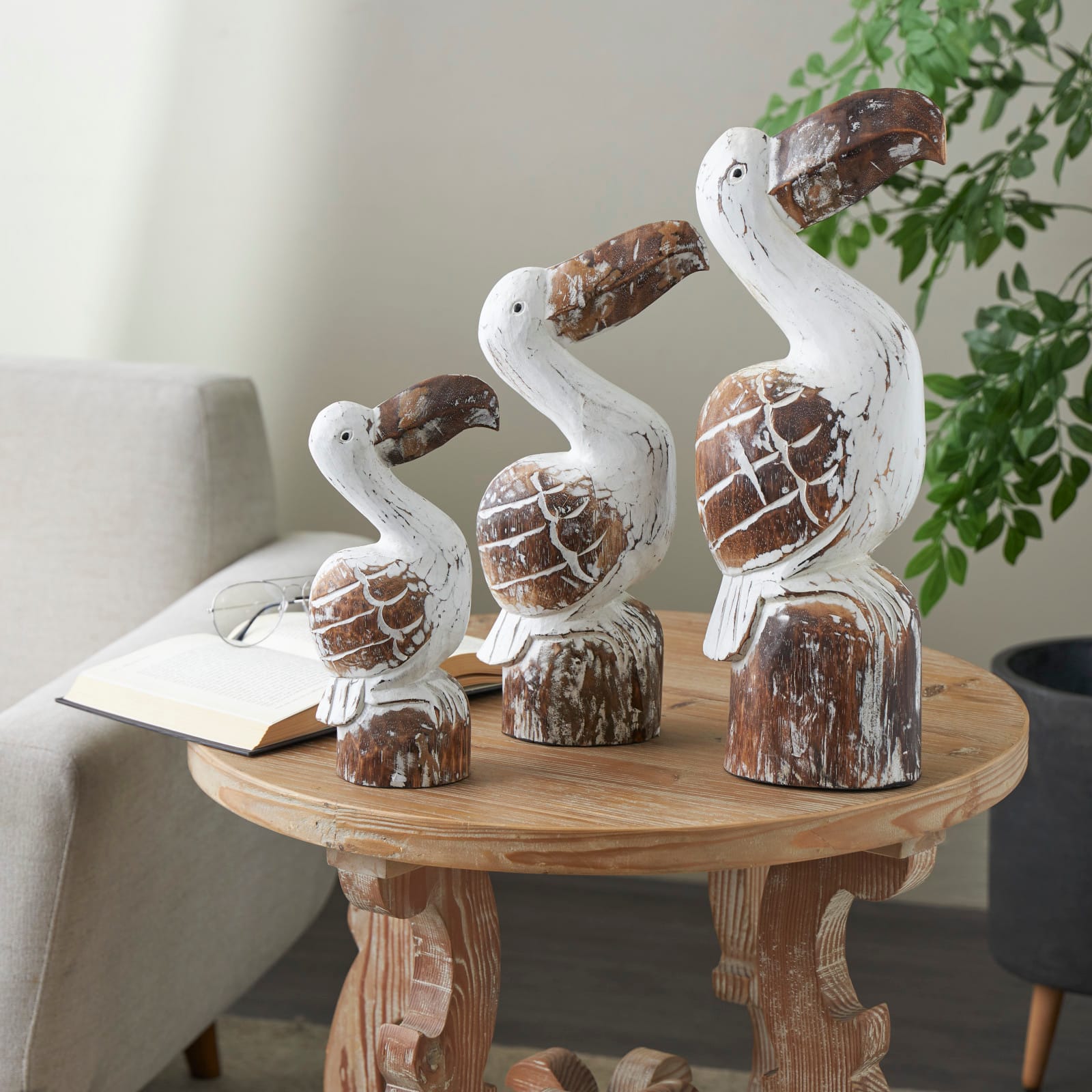 White & Brown Pelican Handmade Distressed Wooden Sculpture Set
