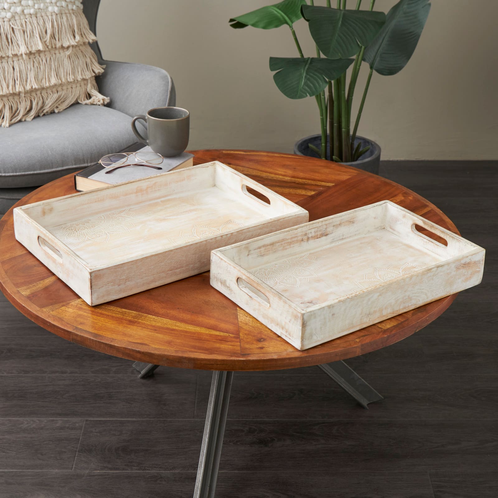 Whitewashed Carved Mandala Mango Wood Tray Set