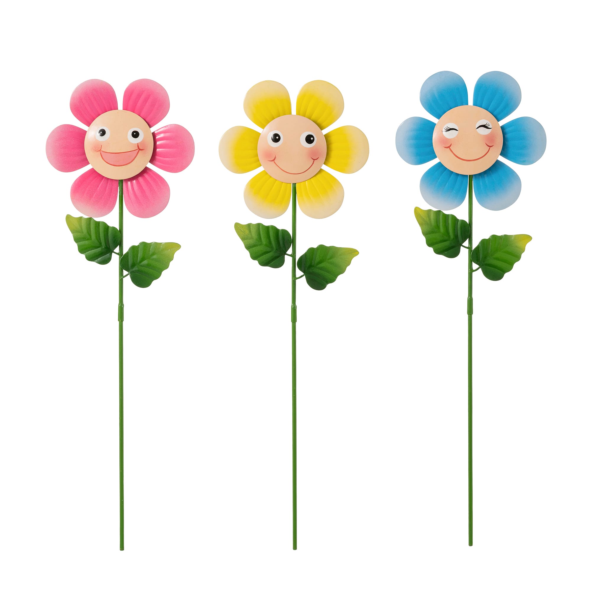 Glitzhome® 18" 2-in-1 Set of 3 Painted Metal Happy Face Flower Garden Picks & Wall Decor