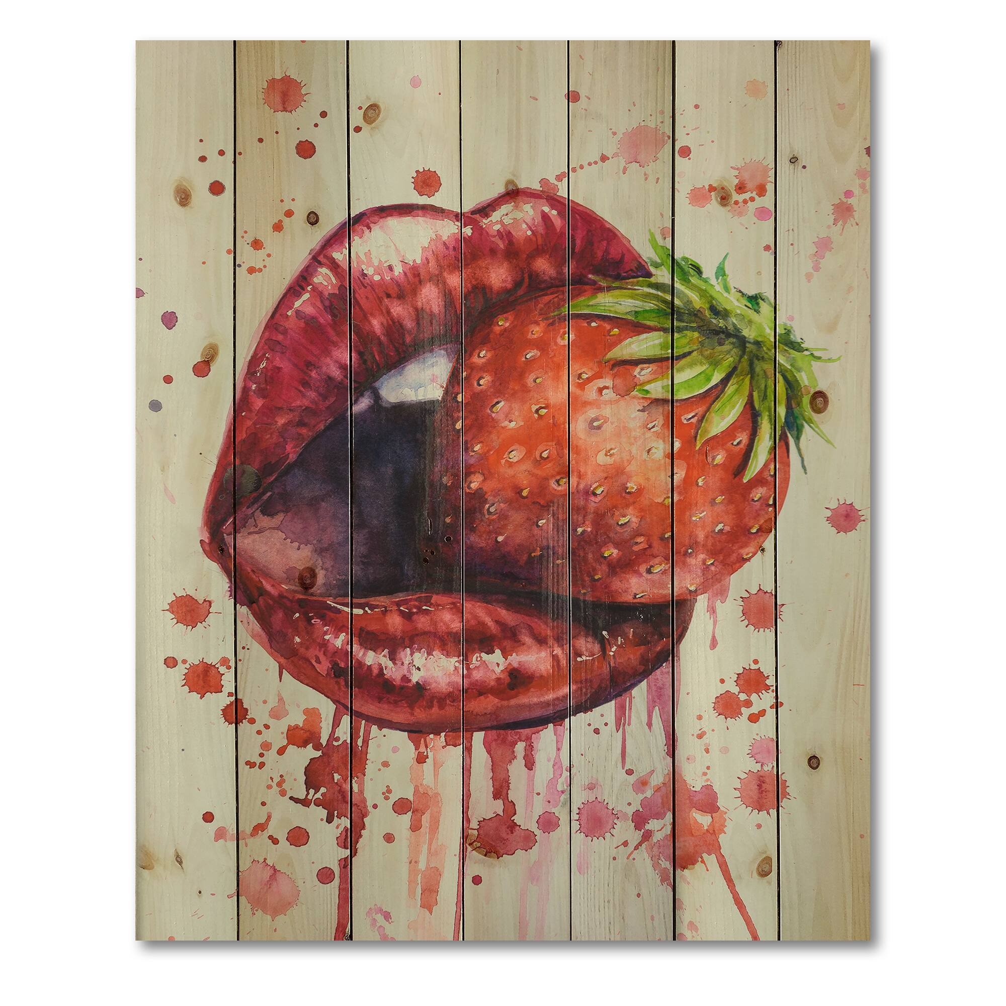 Designart - Red Woman Lips Eating A Strawberry - Modern Print on Natural Pine Wood