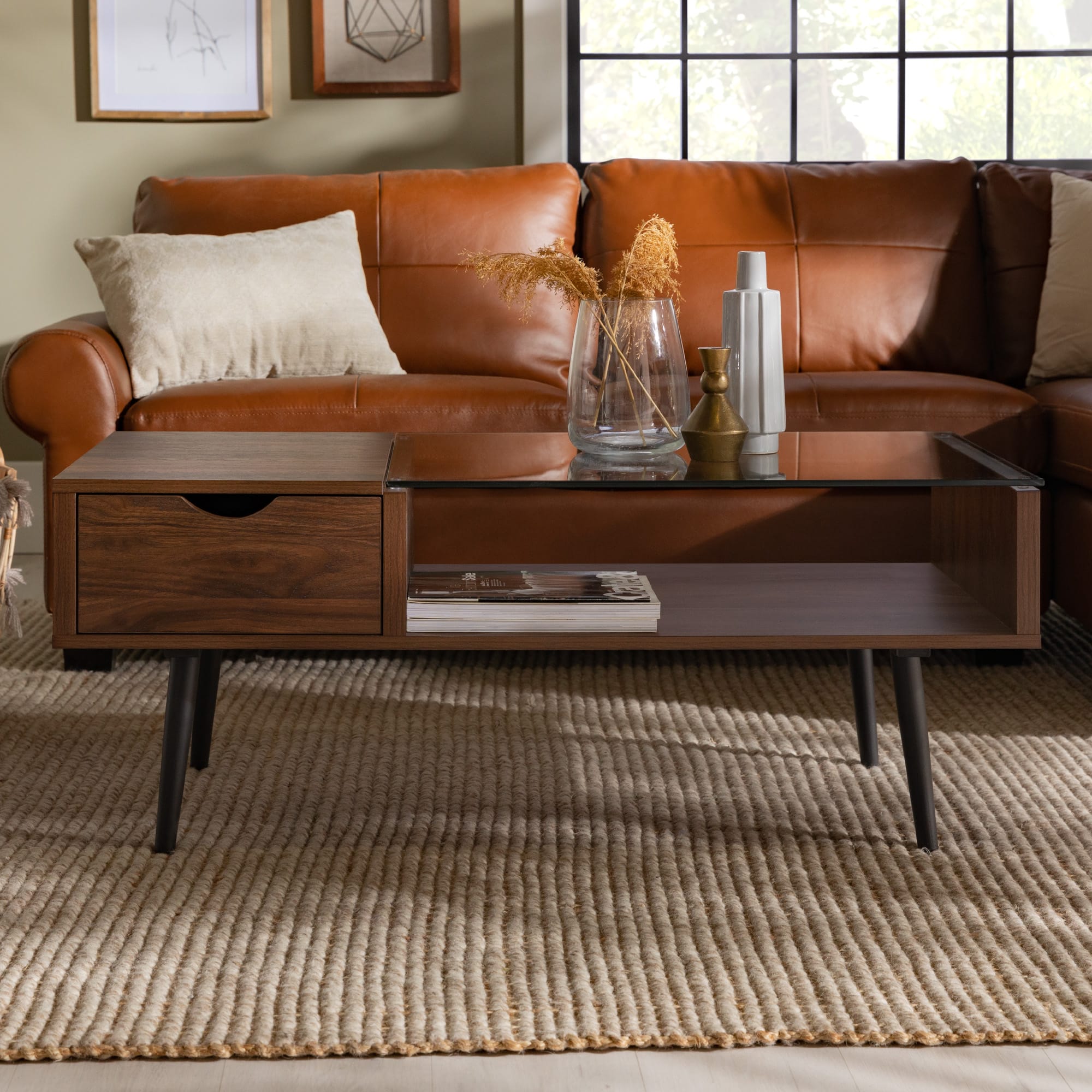 Dark Walnut Mid Century Modern Wood & Glass Coffee Table