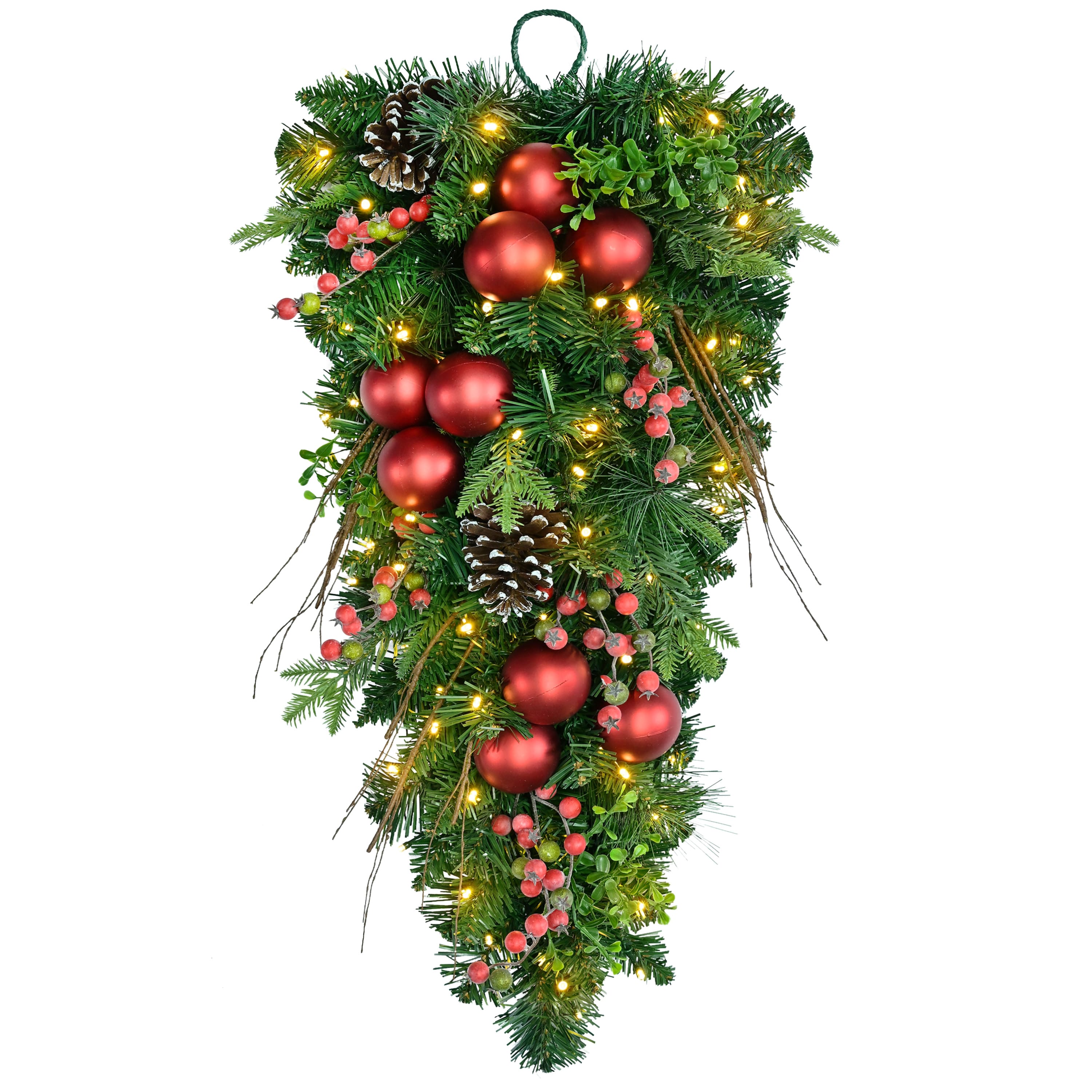 Puleo International 28" Pre-Lit Ornaments, Pinecones & Red Berries Artificial Teardrop Swag