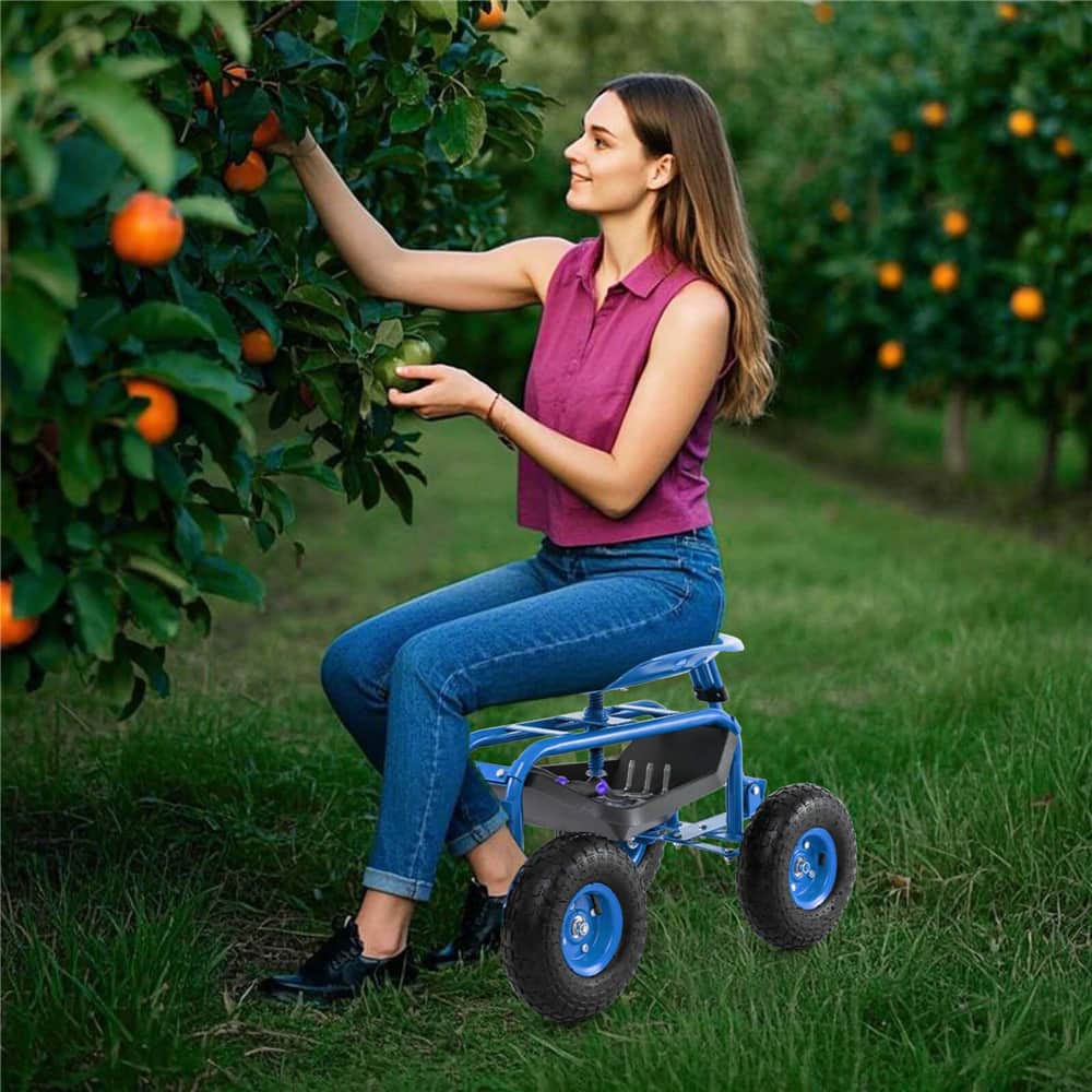 Costway Garden Cart Patio Wagon Roll Work Seat with Tray Basket Extendable Handle