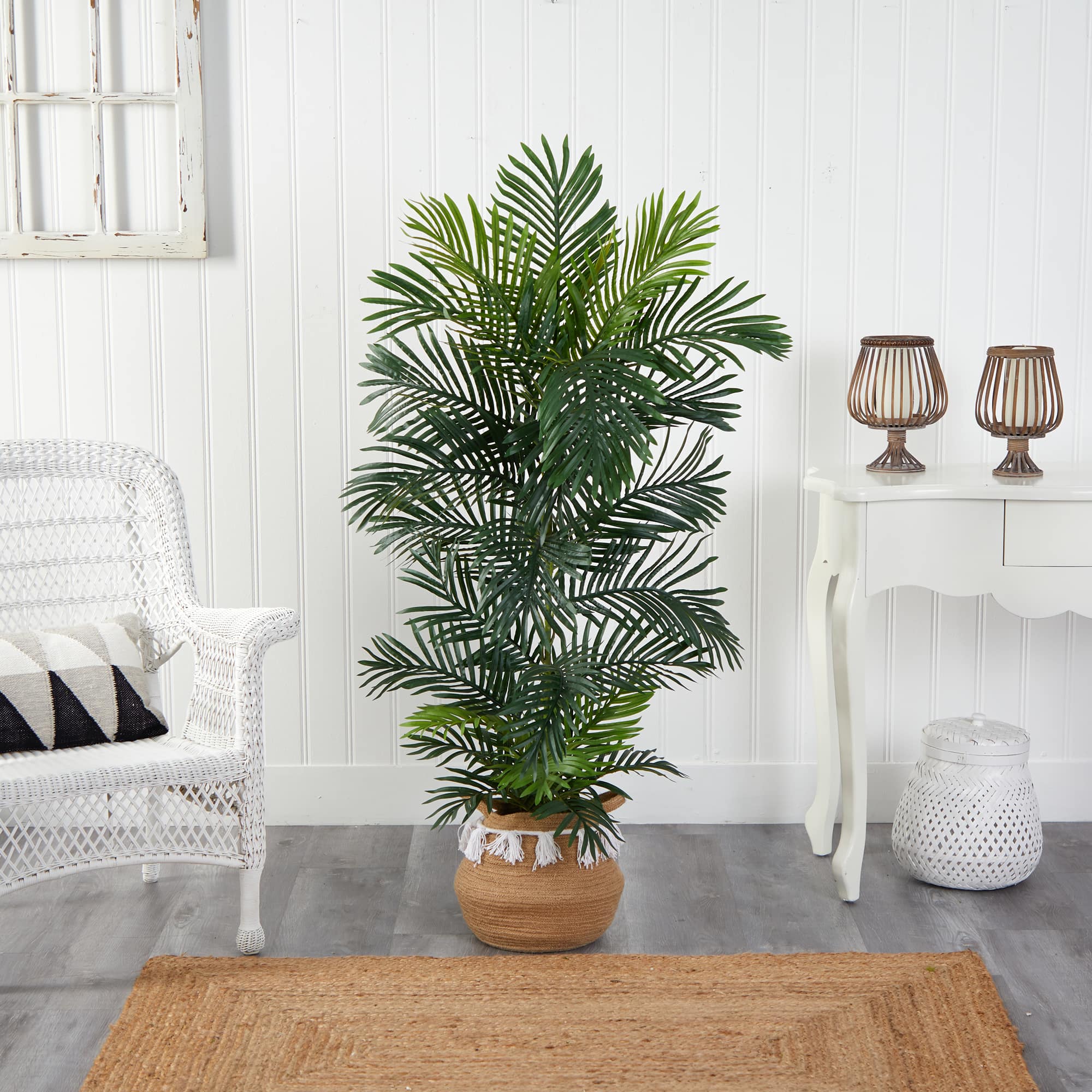 5ft. Areca Artificial Palm Tree in Boho Chic Handmade Natural Cotton Woven Planter with Tassels UV Resistant (Indoor/Outdoor)