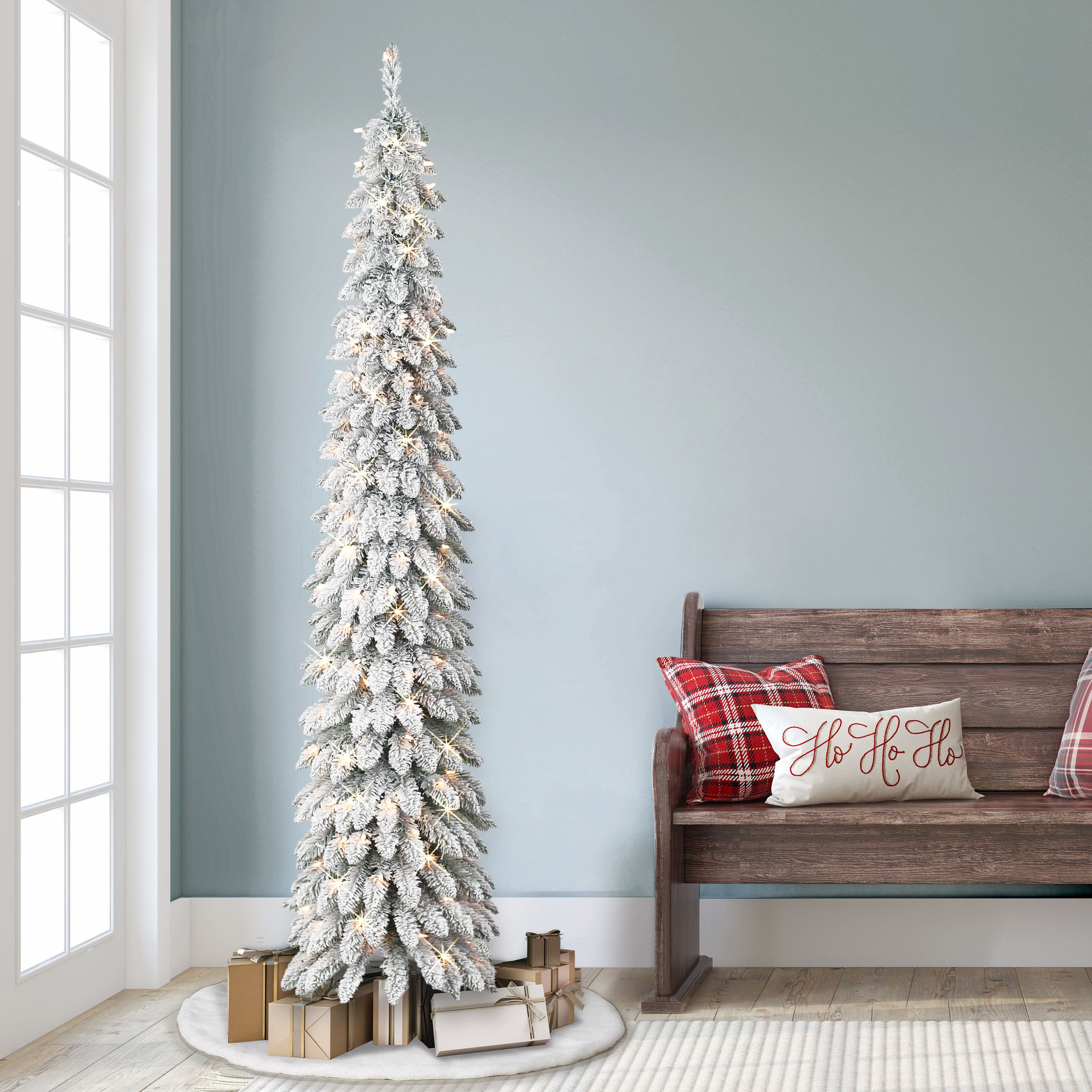 7ft. Pre-Lit Flocked Artificial Alpine Pencil Tree, Clear Lights