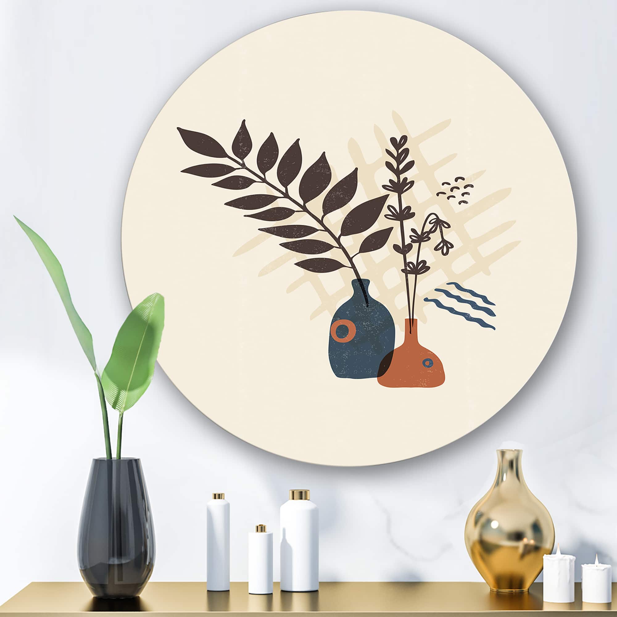 Designart - Vintage Boho Minimalistic Flowers I - Modern Metal Circle Wall Art