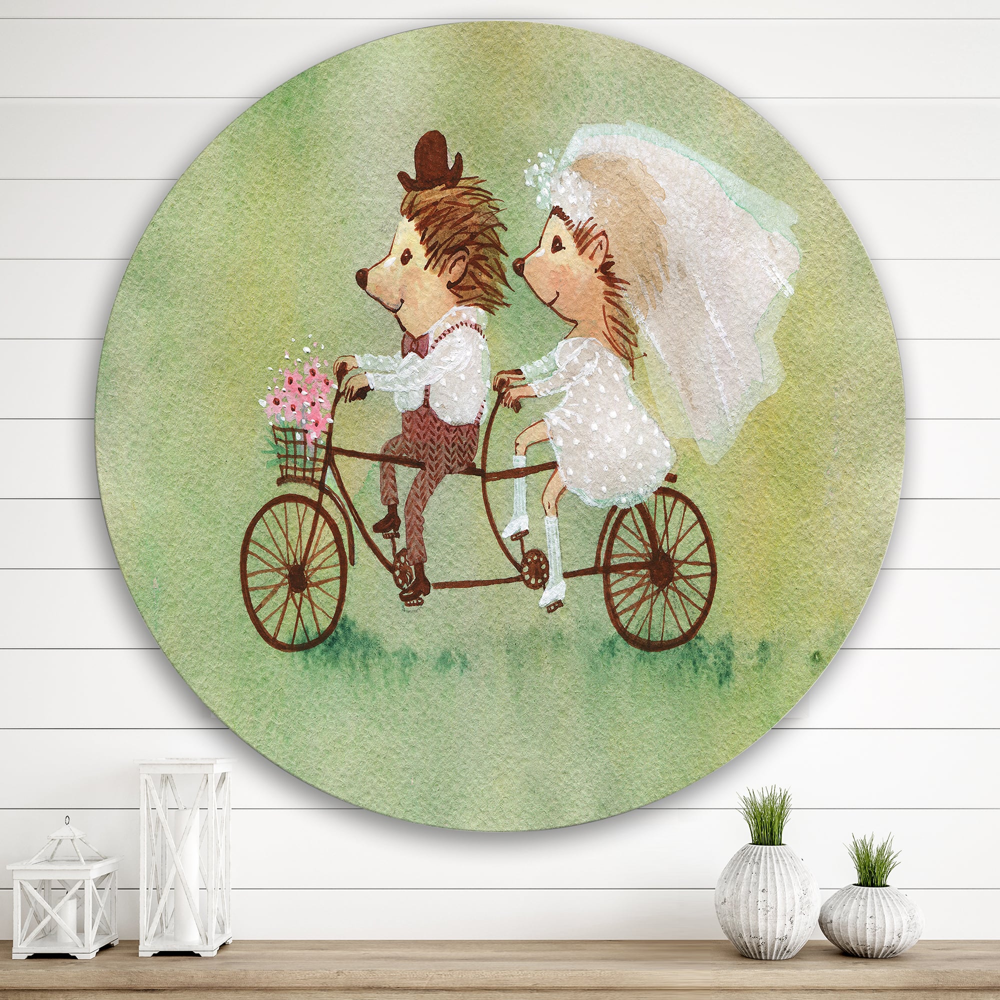 Designart - Couple of Hedgehogs Riding A Bike - Traditional Metal Circle Wall Art