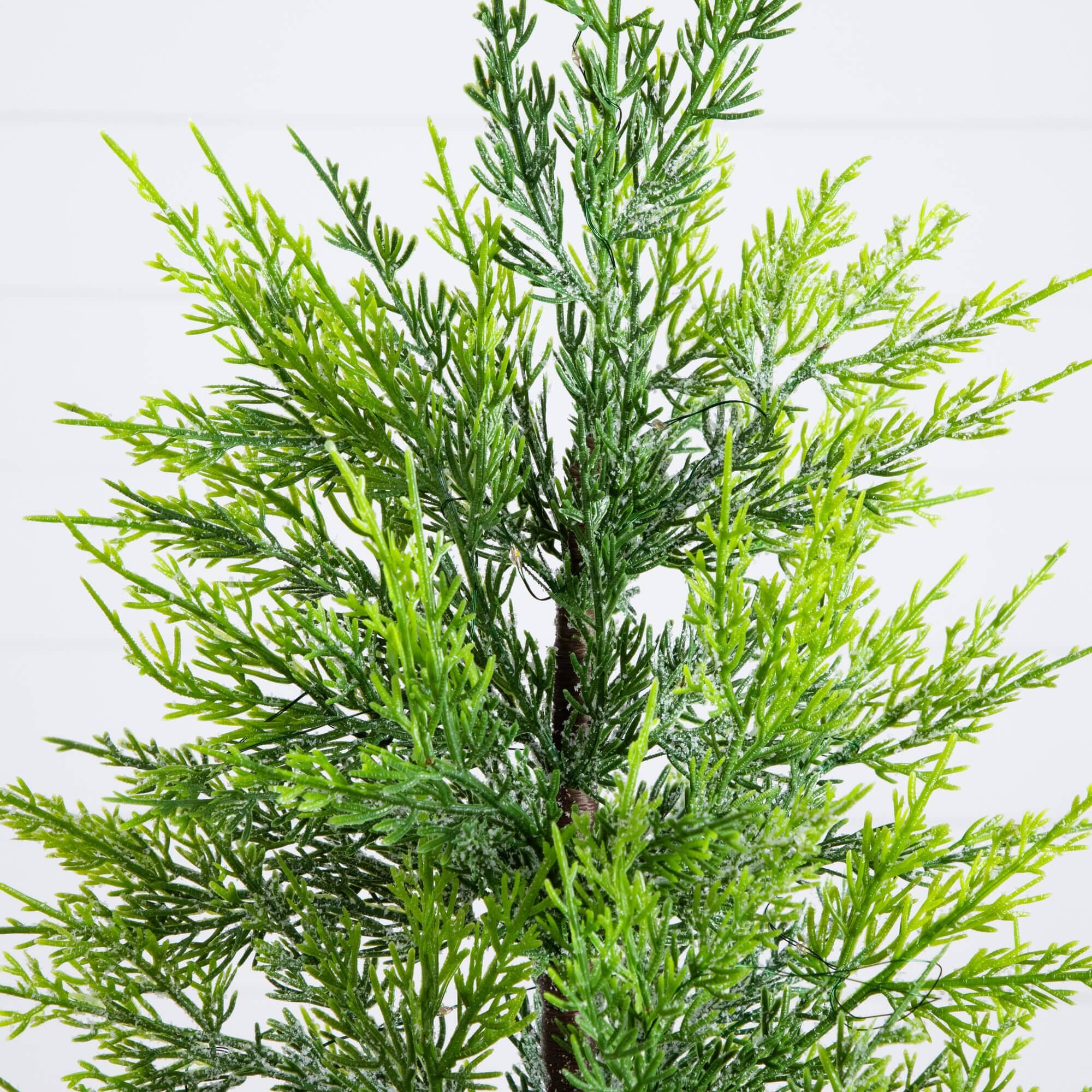 32in. Pre-Lit Artificial Lightly Snowed Cypress Christmas Tree with 30 Warm White LED Lights in Decorative Weaved Basket
