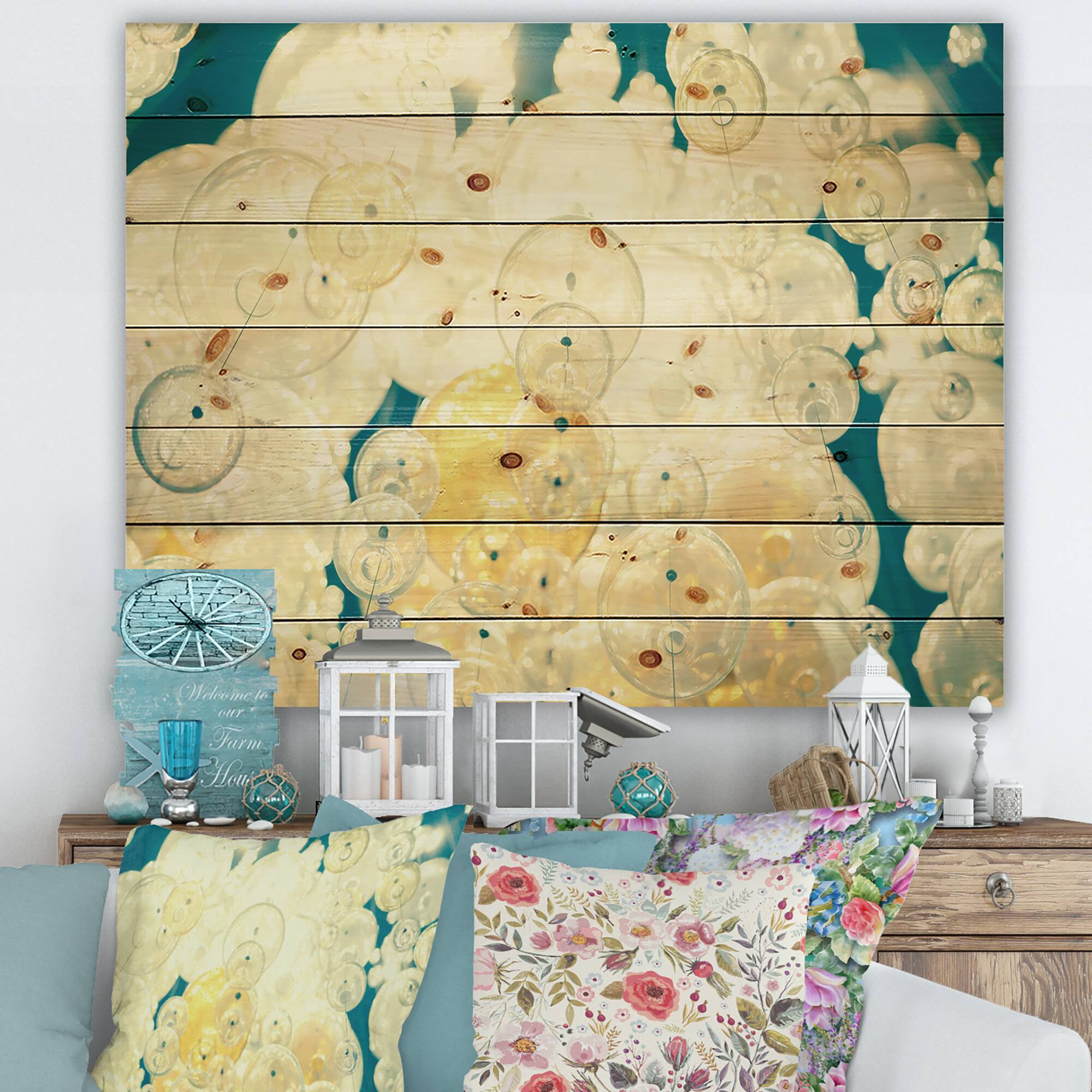 Designart - Abstract Chandelier In The Form of Balls II - Modern Print on Natural Pine Wood