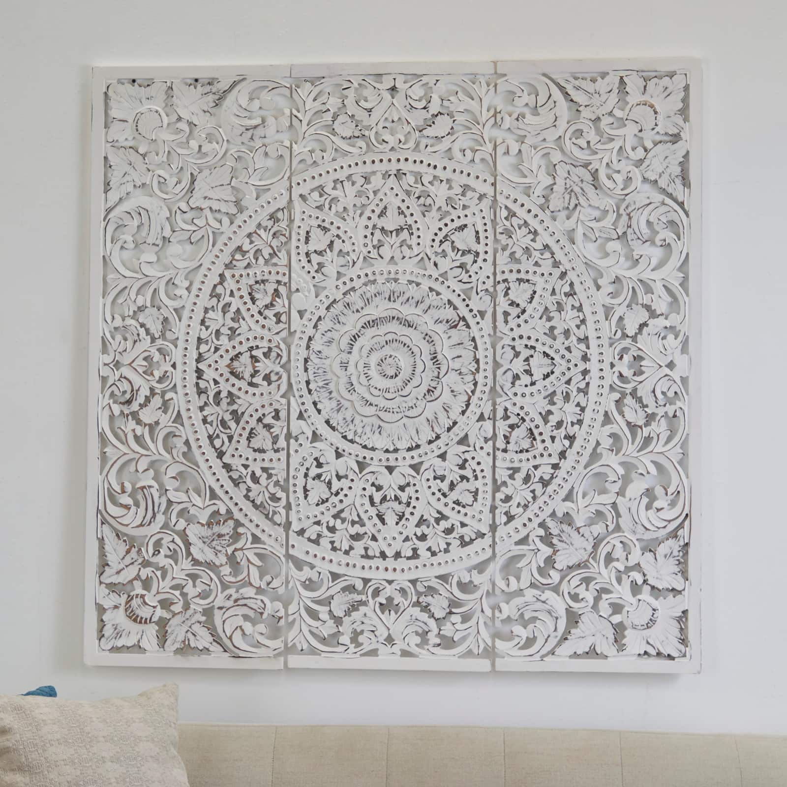 White Wood Handmade Intricately Carved Floral Wall Decor with Mandala Design Set of 3 16", 48"