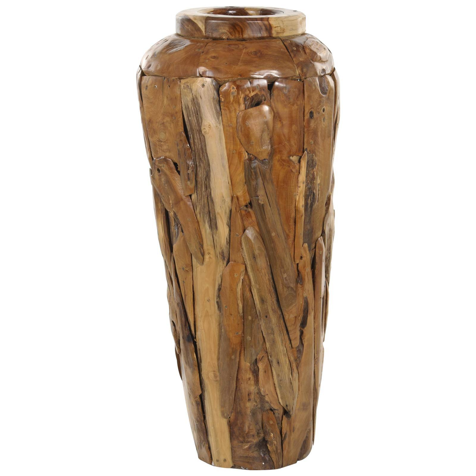 Brown Teak Wood Handmade Tall Floor Vase with Mosaic Live Edge