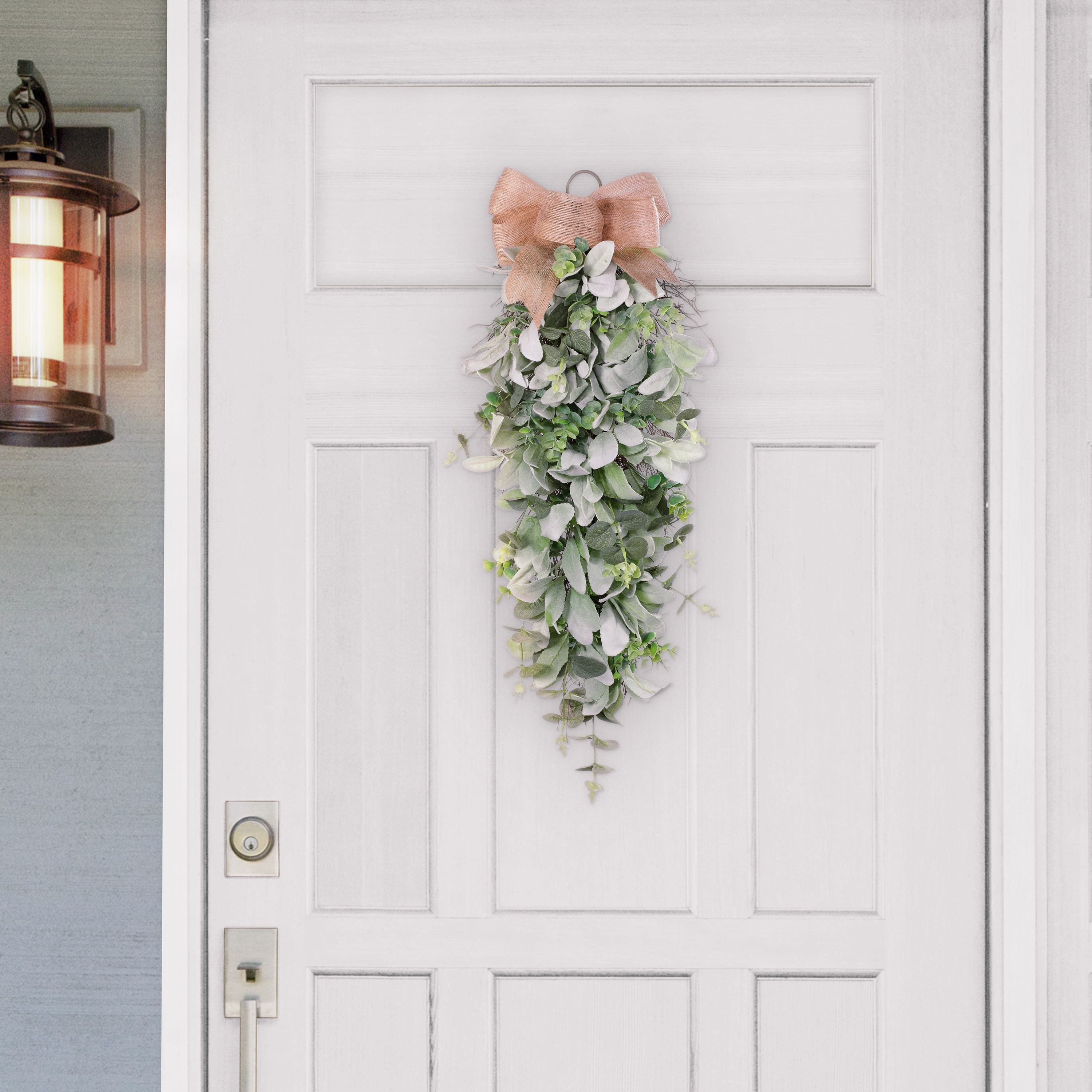 30" Lamb's Ear & Greenery Teardrop Swag with Bow